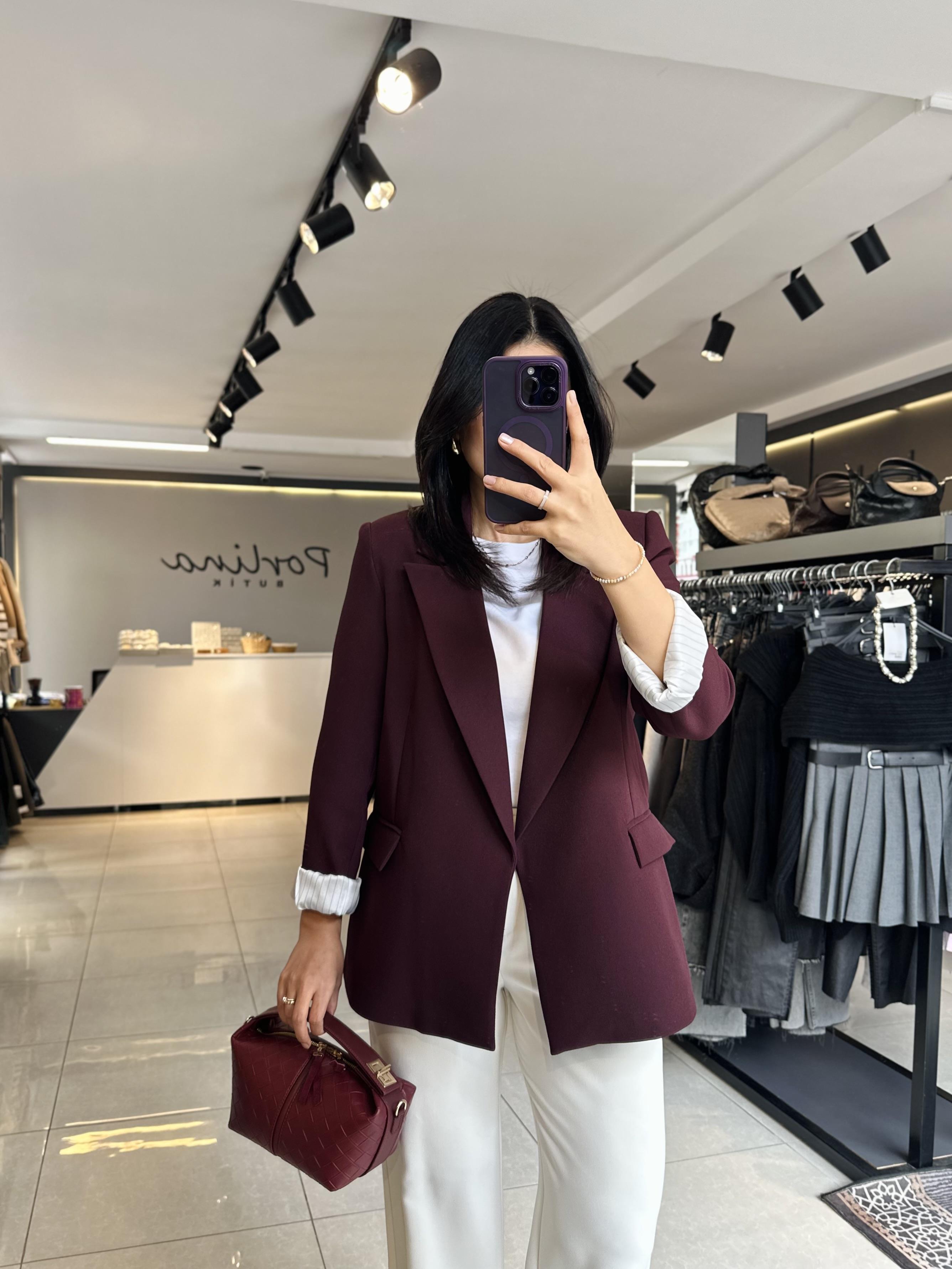 Mürdüm Çizgili Astarlı Blazer Ceket