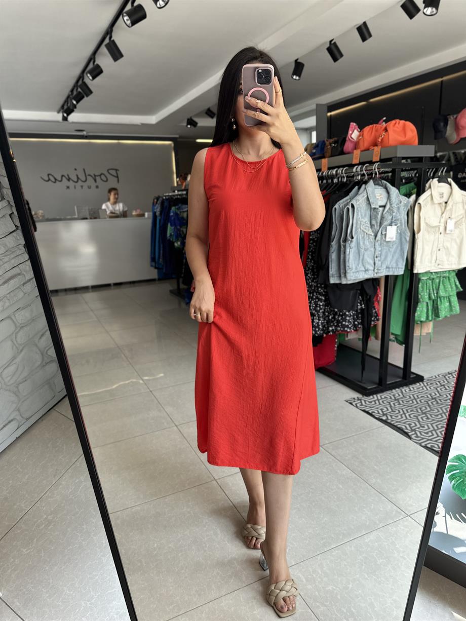 Nar Çiçeği Tensel Kumaş Çan Elbise 