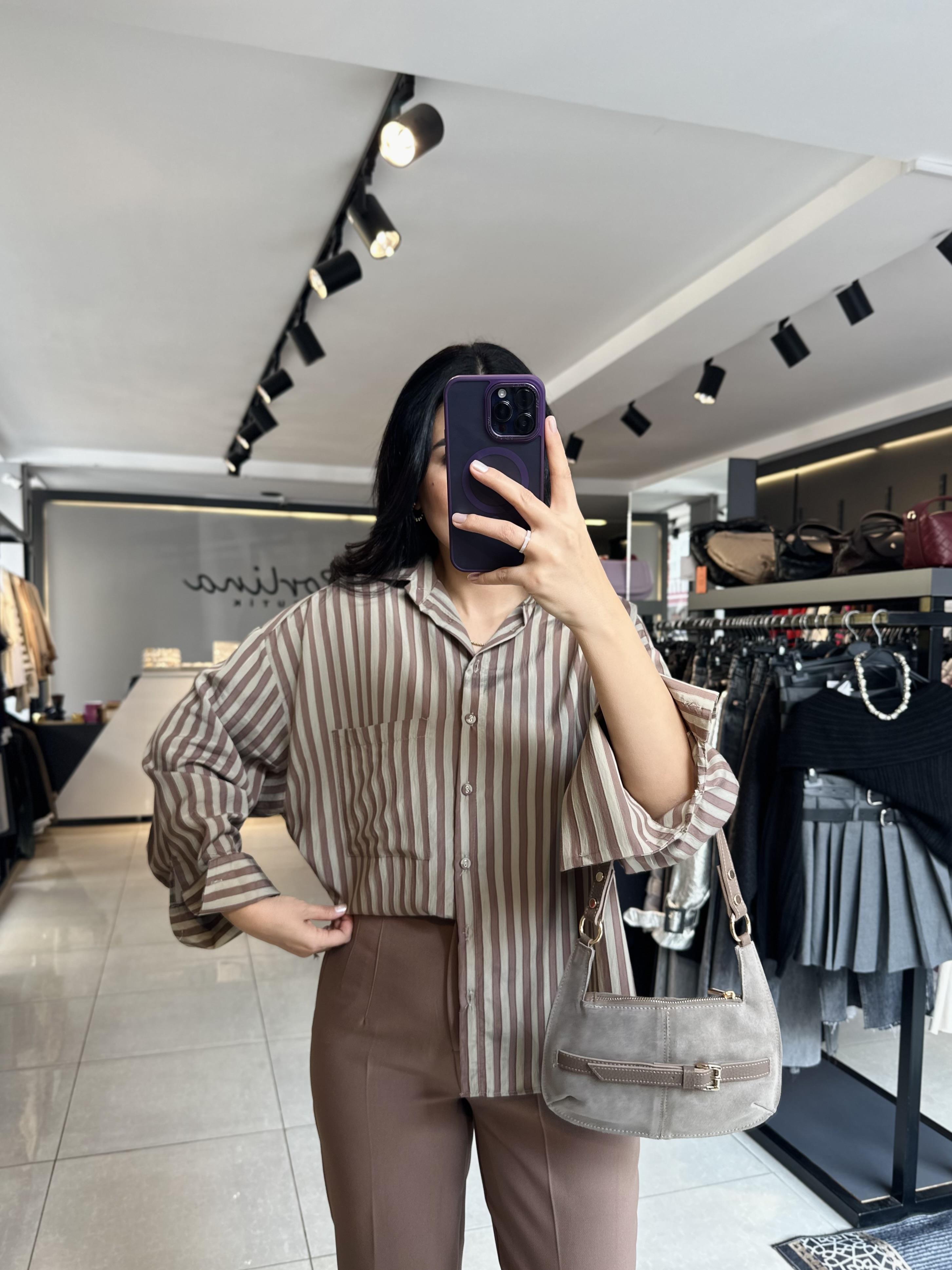 Olive Kahve Tensel Kumaş Çizgili Oversize Gömlek