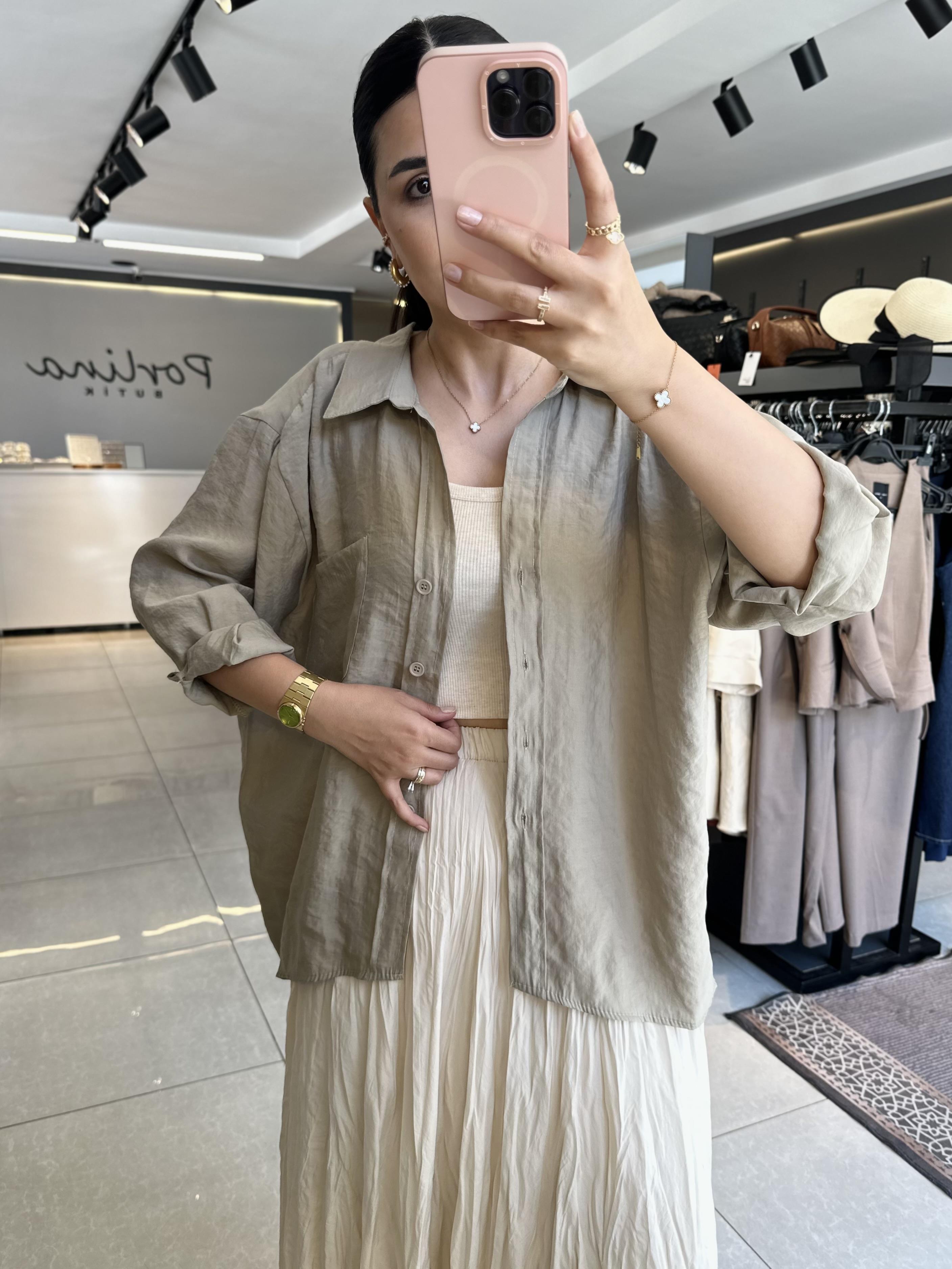 Olive Tensel Kumaş Düşük Omuzlu Oversize Gömlek