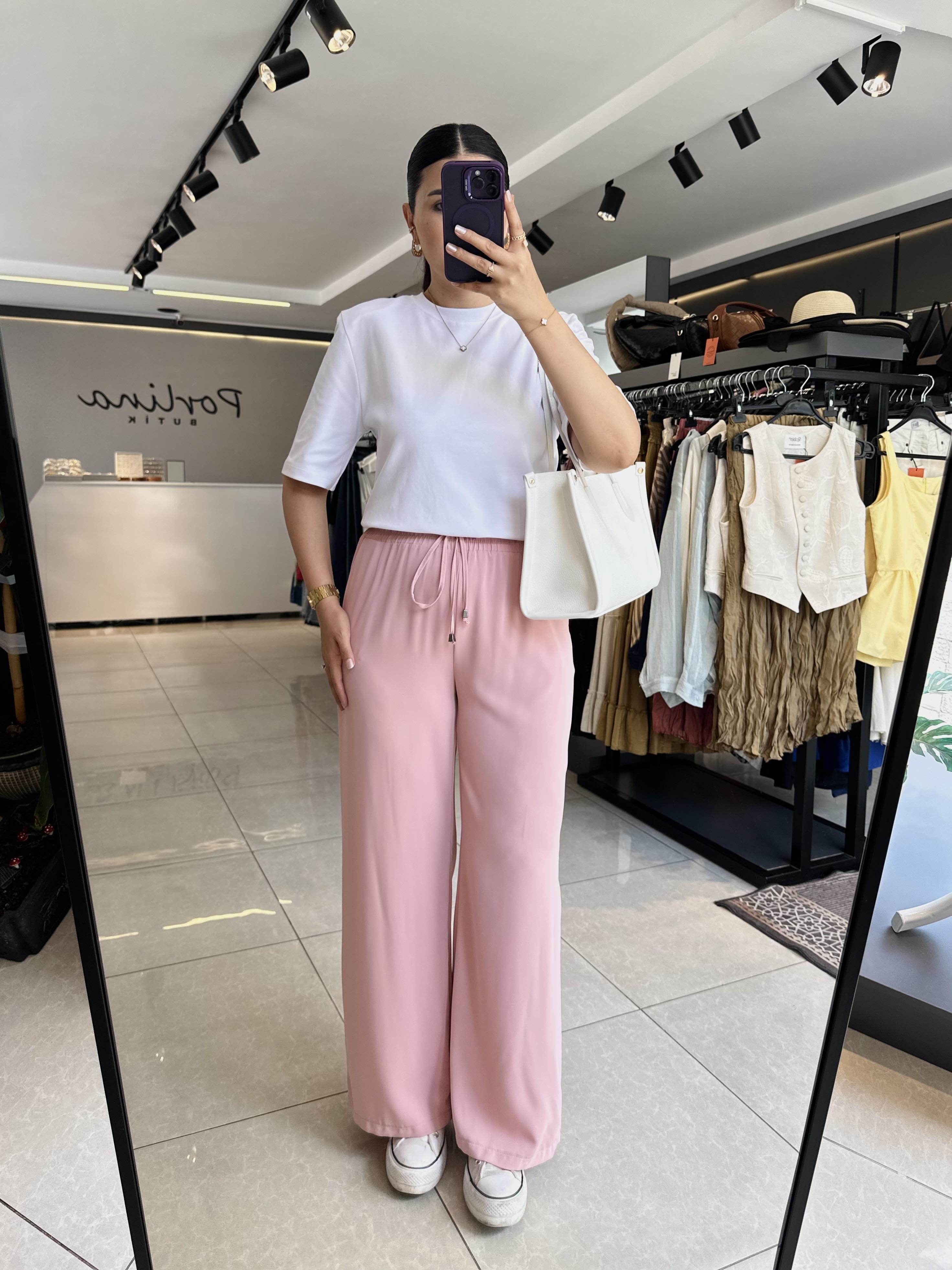Pembe Beli Lastikli Bol Paça Pantolon