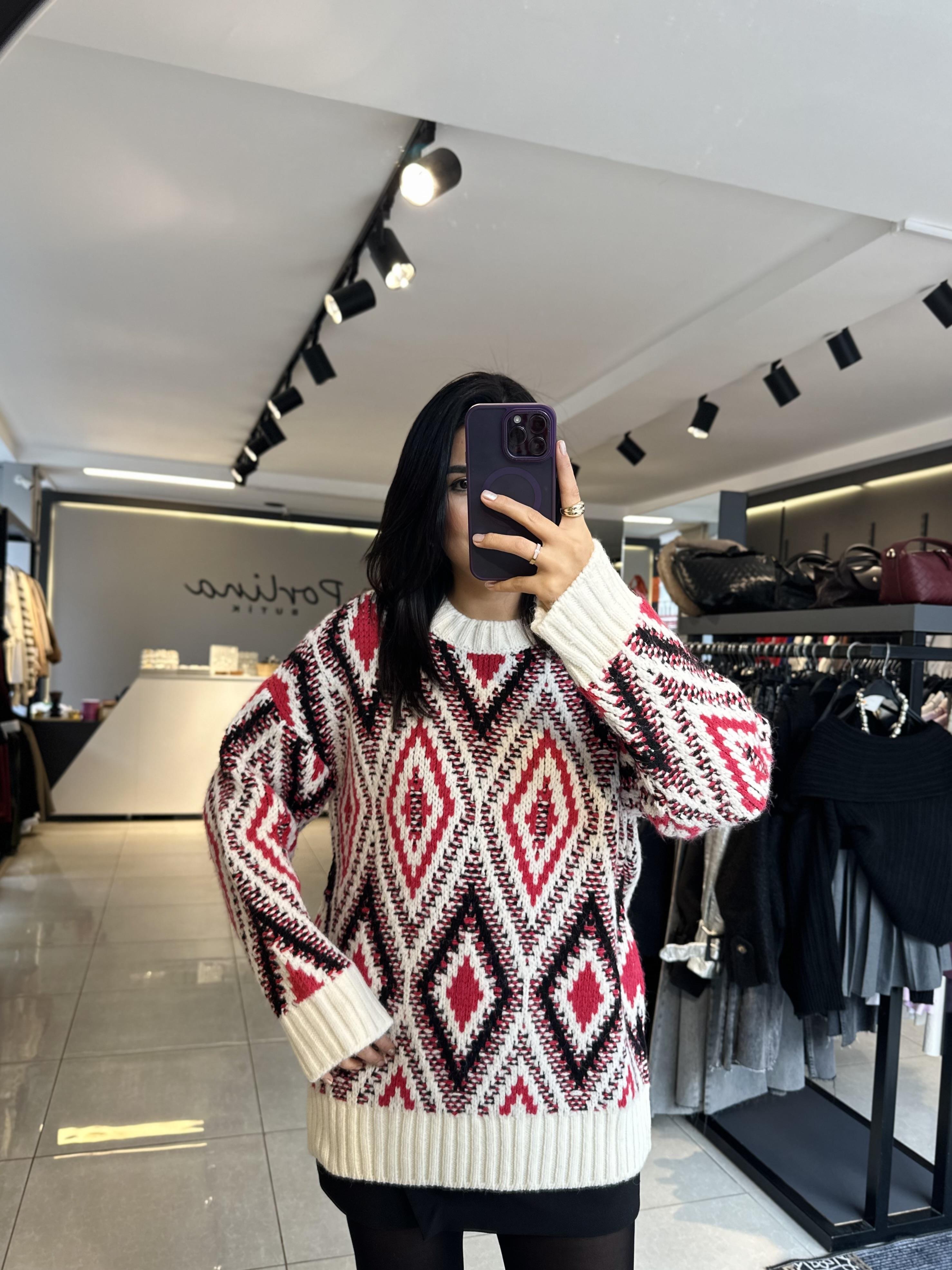 Pembe Ekru Baklava Desen Dilvin Kazak