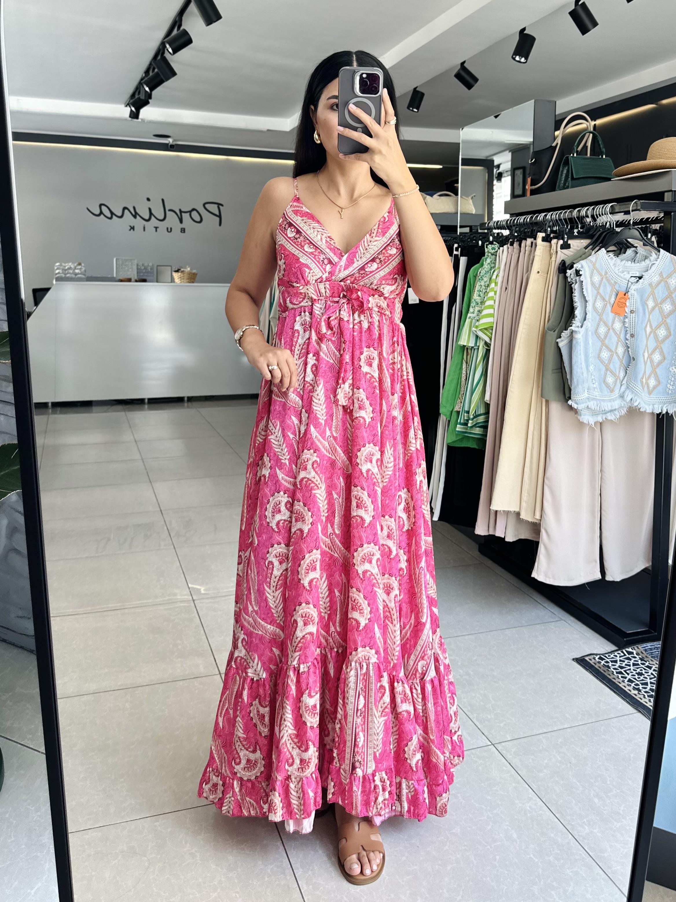 Pembe Etnik Desen Premium Elbise