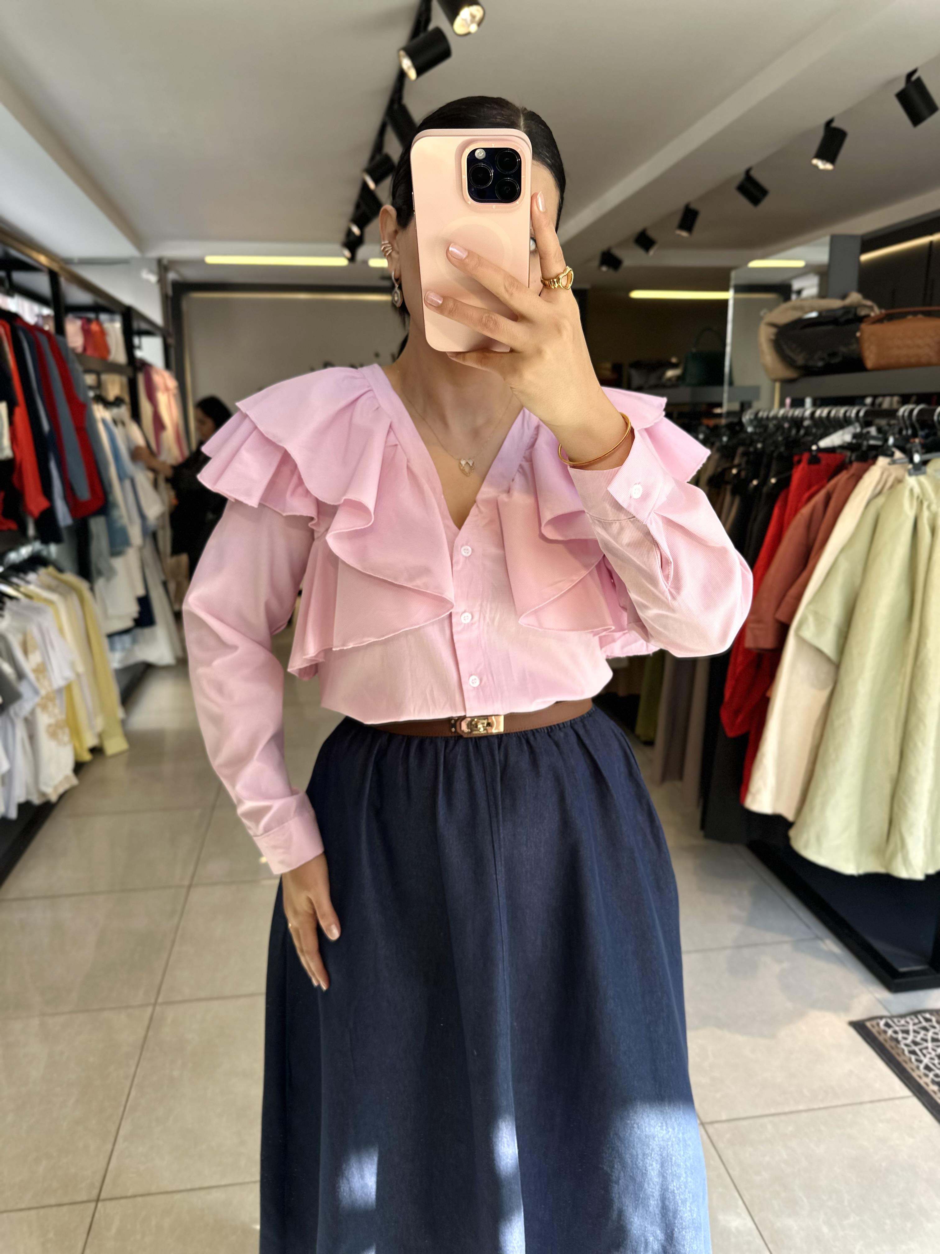 Pembe Fırfırlı Çizgili Gömlek