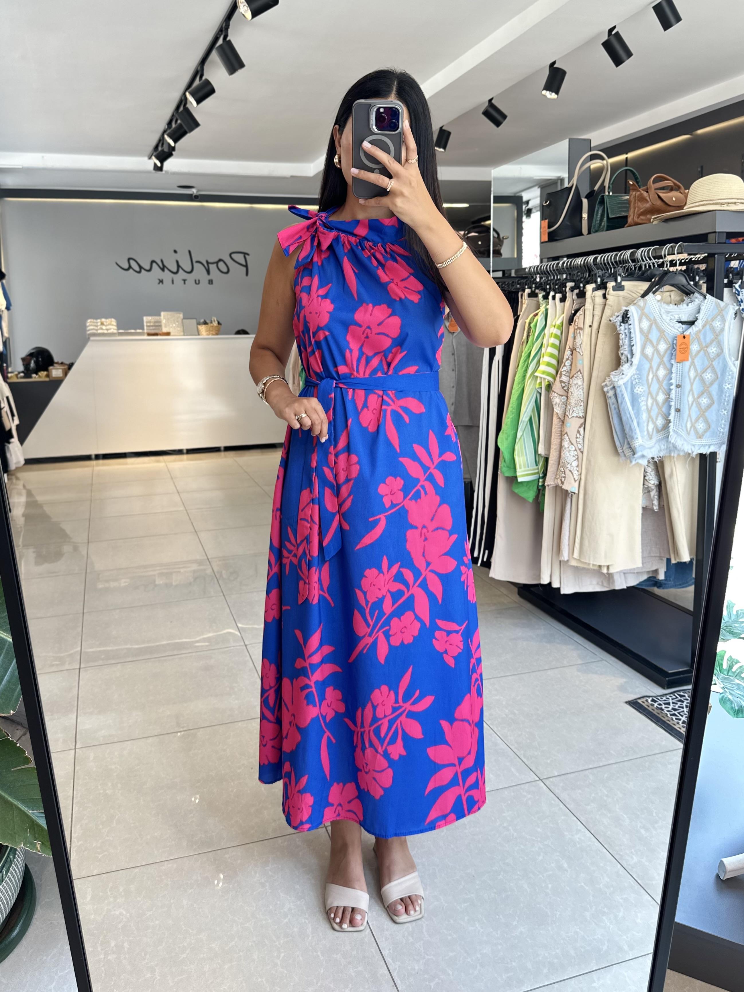 Pembe Mavi Desenli Kuşaklı Elbise 