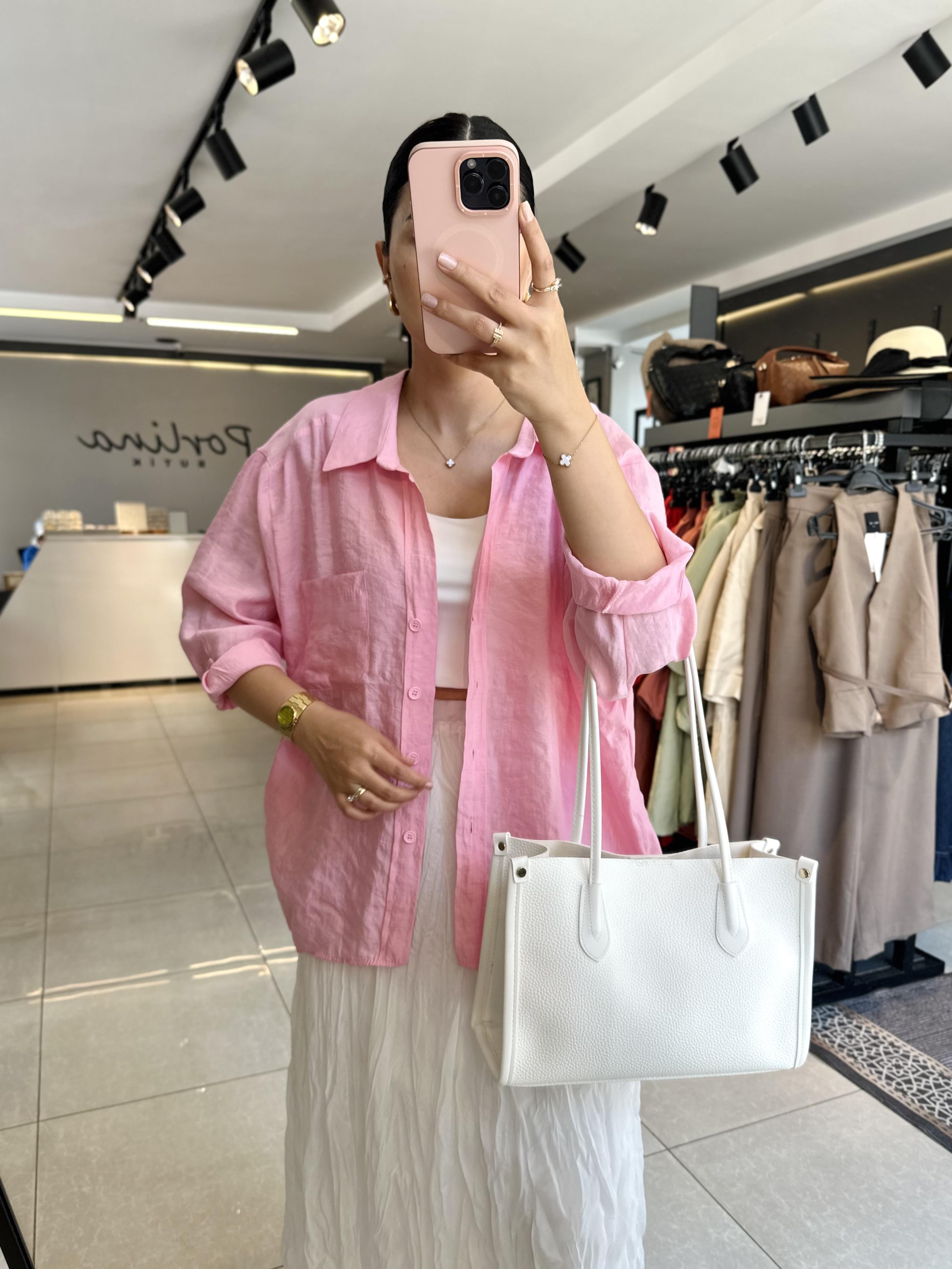Pembe Tensel Kumaş Düşük Omuzlu Oversize Gömlek