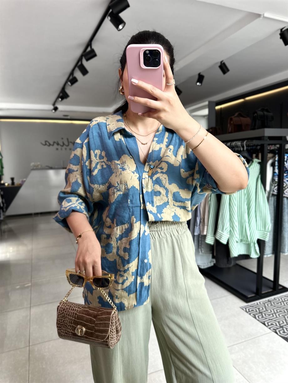 Petrol Mavi Omzu Düşük Oversize Gömlek