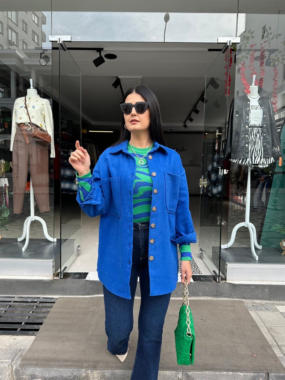 Saks Ön Cep Detaylı Kaşe Gömlek Ceket