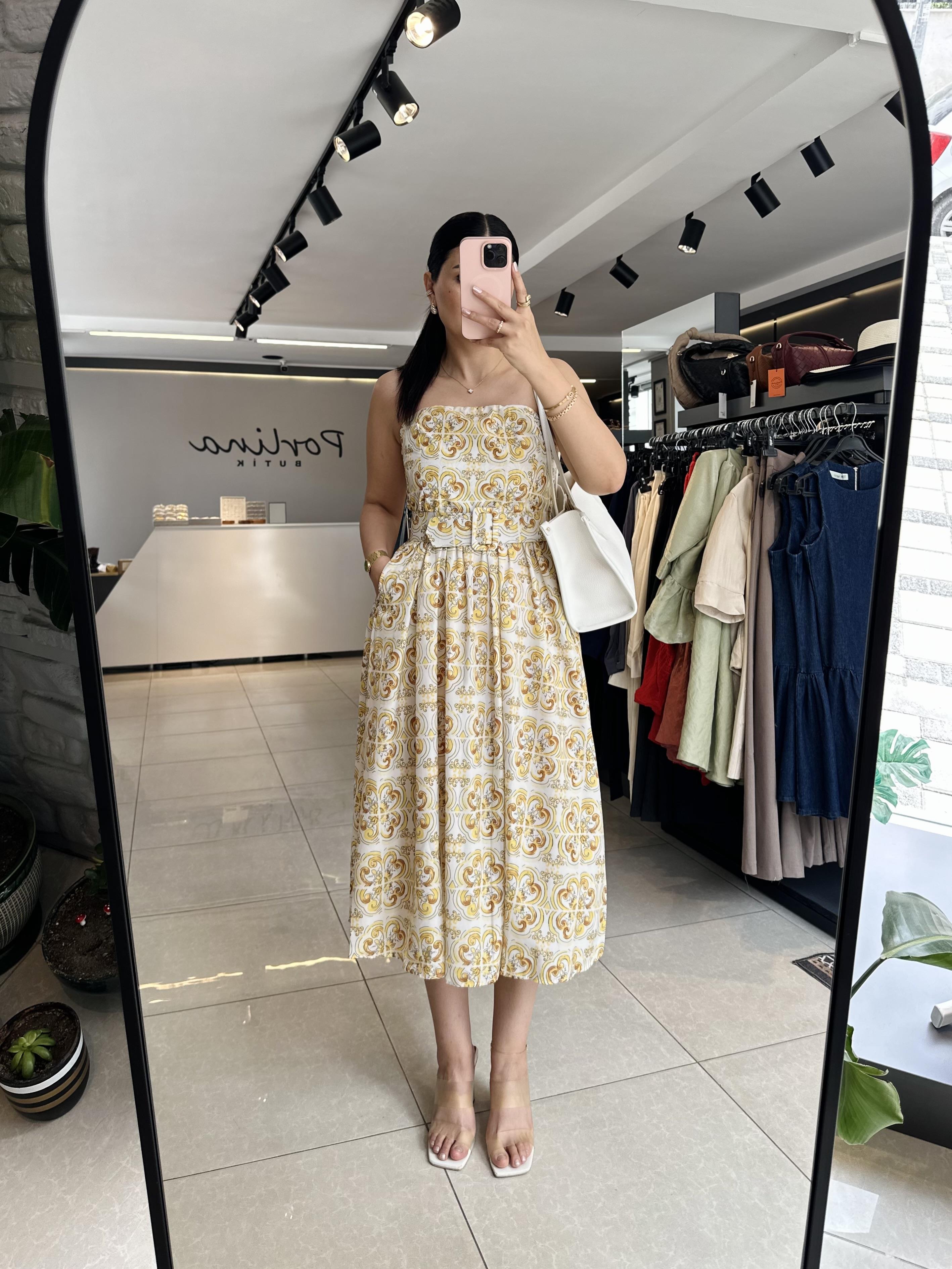 Sarı Desenli Straplez Elbise