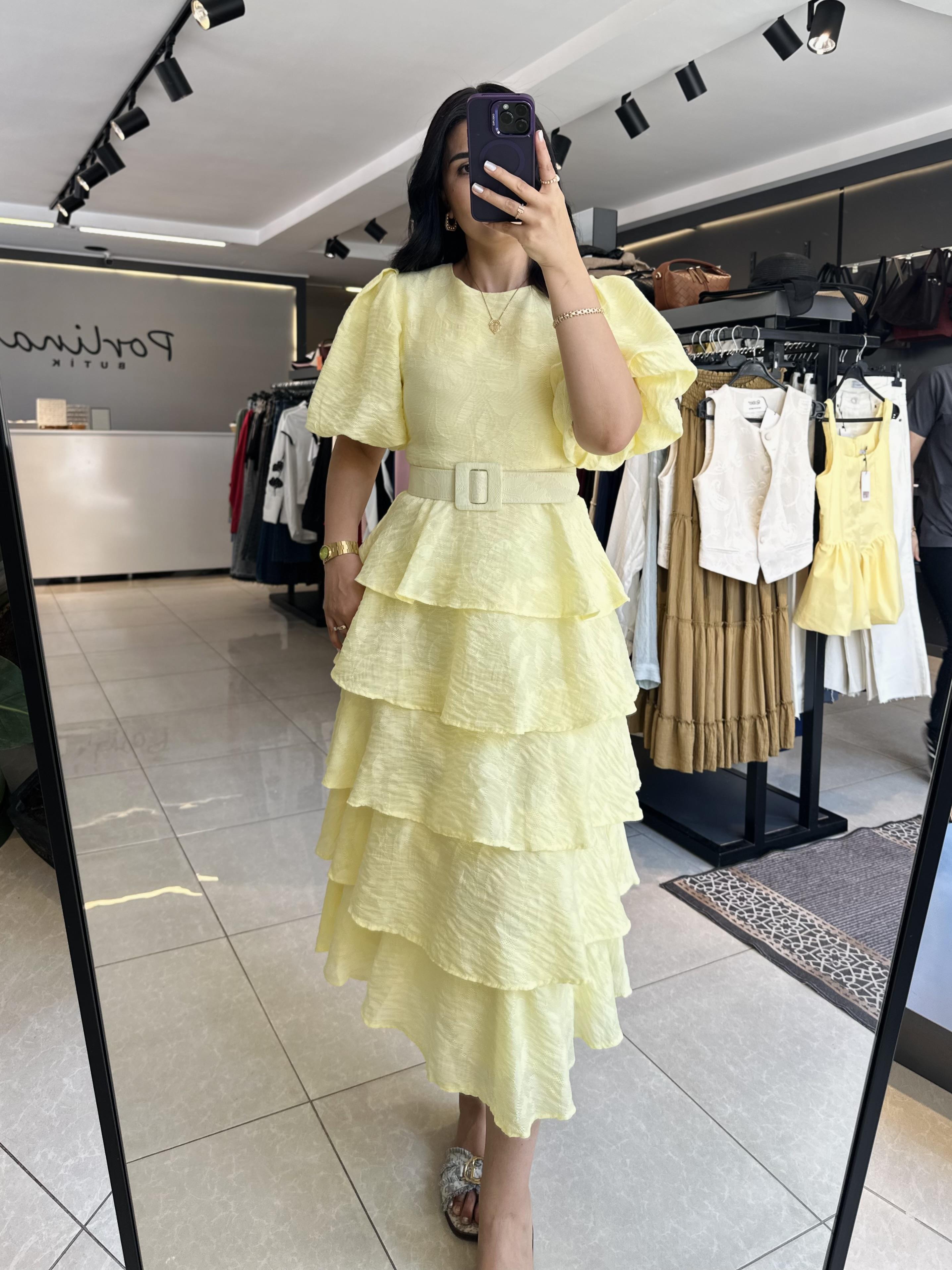 Sarı Kat Kat Balon Kol Elbise