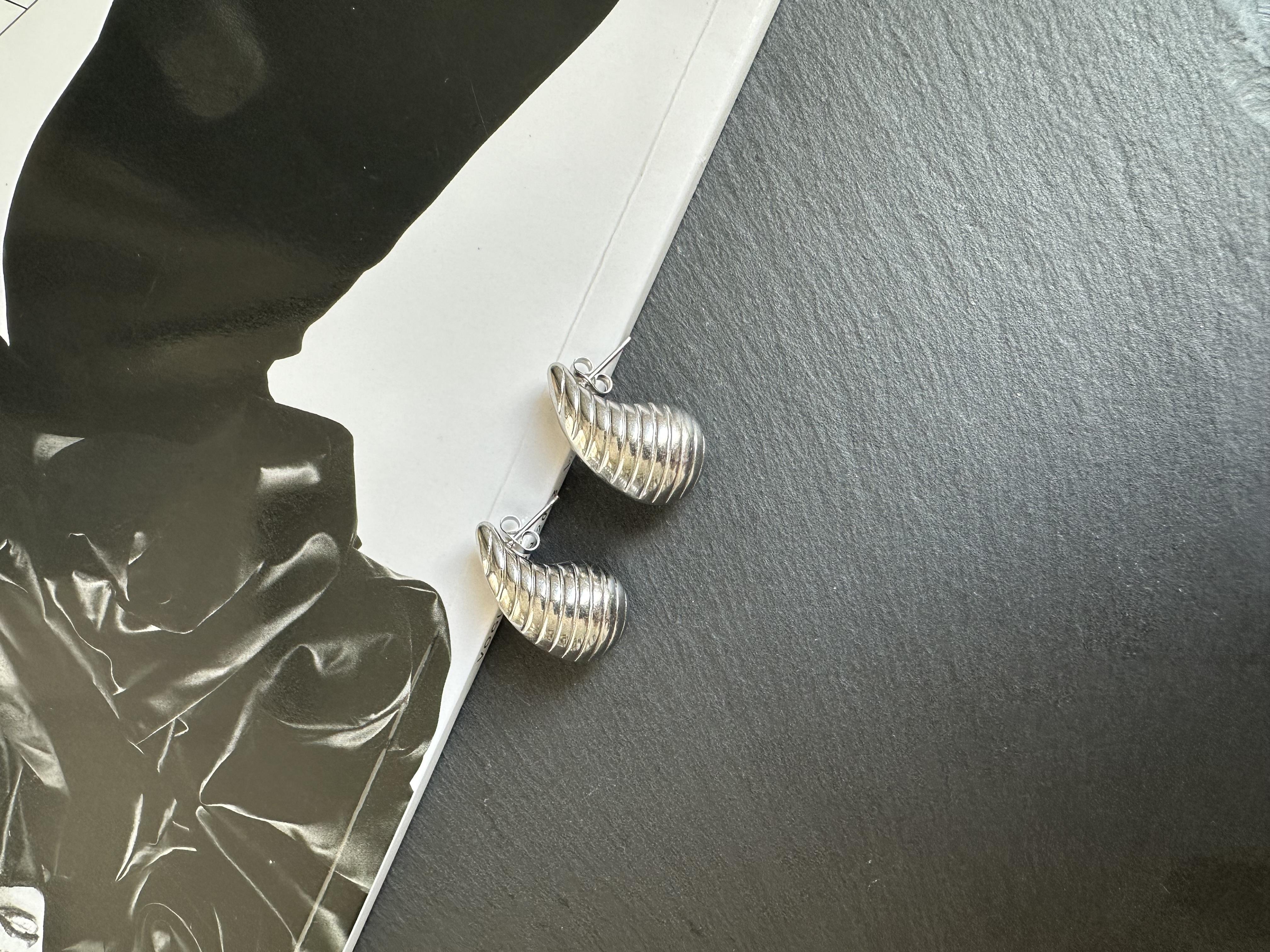 Silver Çelik Çizgili Damla Küpe