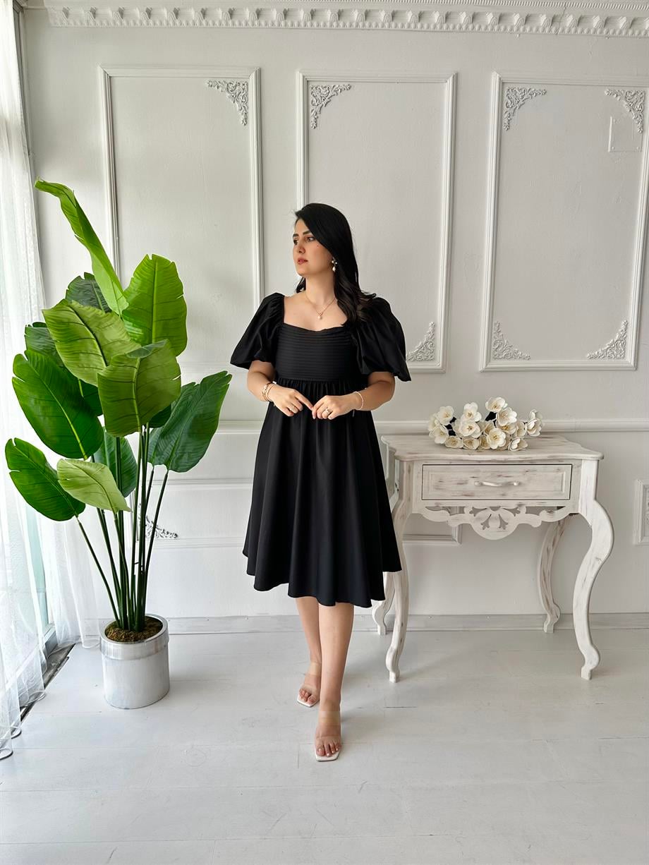 Siyah Arkası Kurdele Balon Kol Midi Boy Elbise