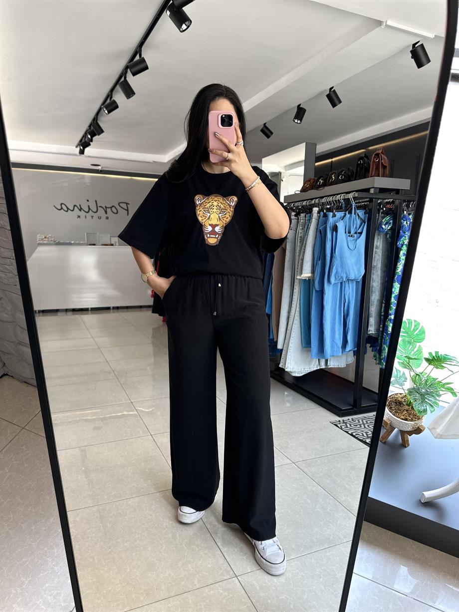 Siyah Beli Lastikli Bol Paça Pantolon