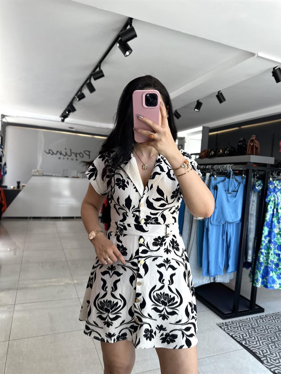 Siyah Çiçek Desen Keten Mini Elbise