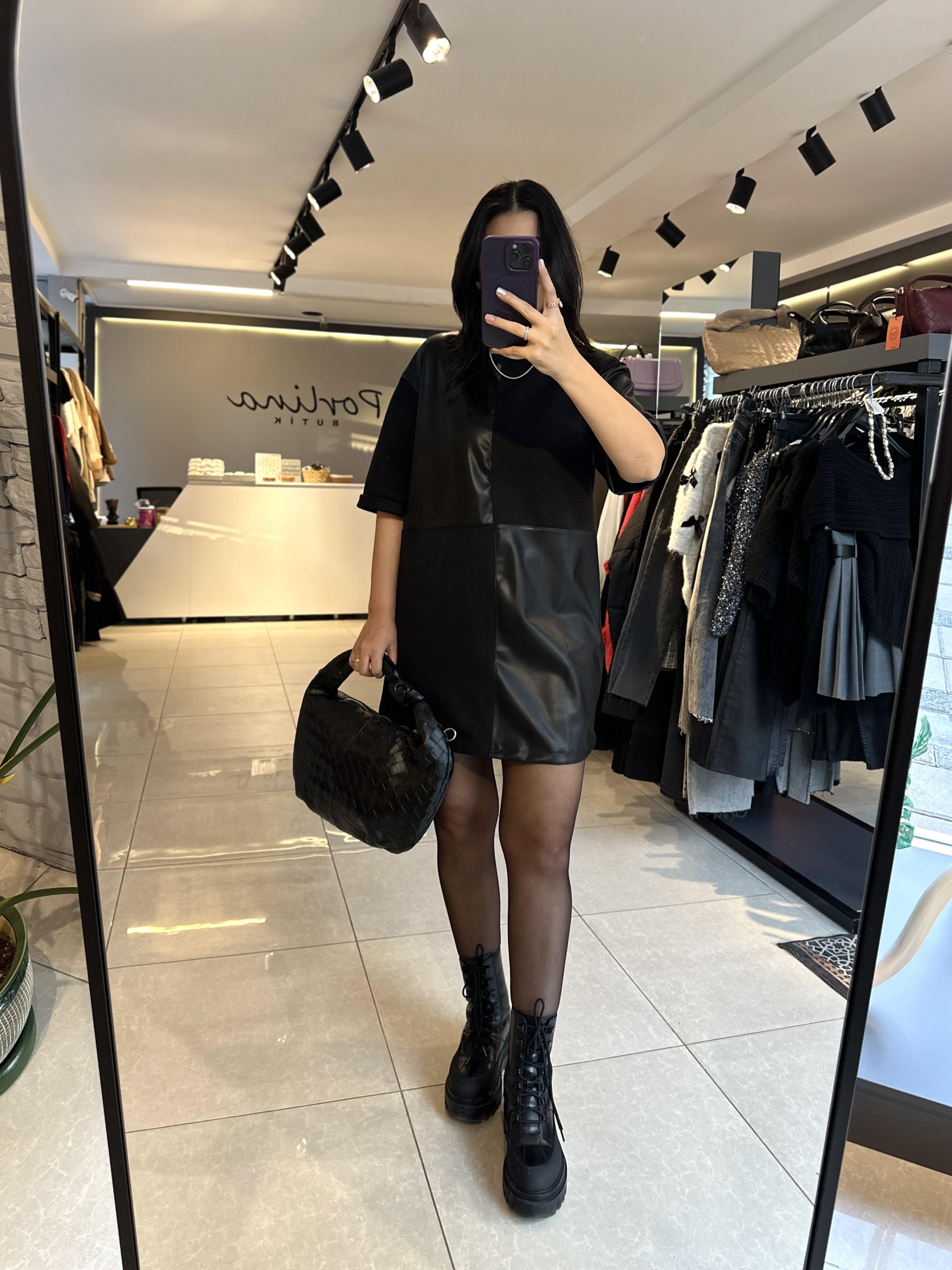 Siyah Deri Detaylı Kısa Kol Elbise