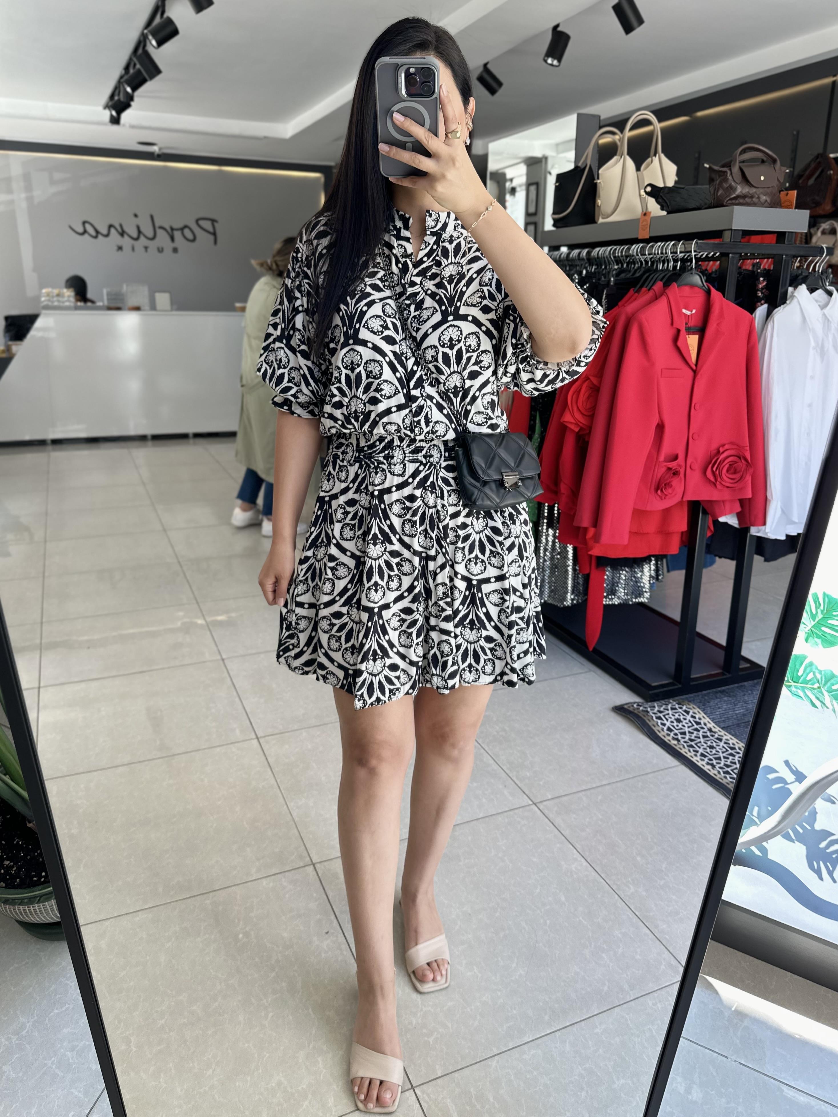 Siyah Desenli Viskon Elbise