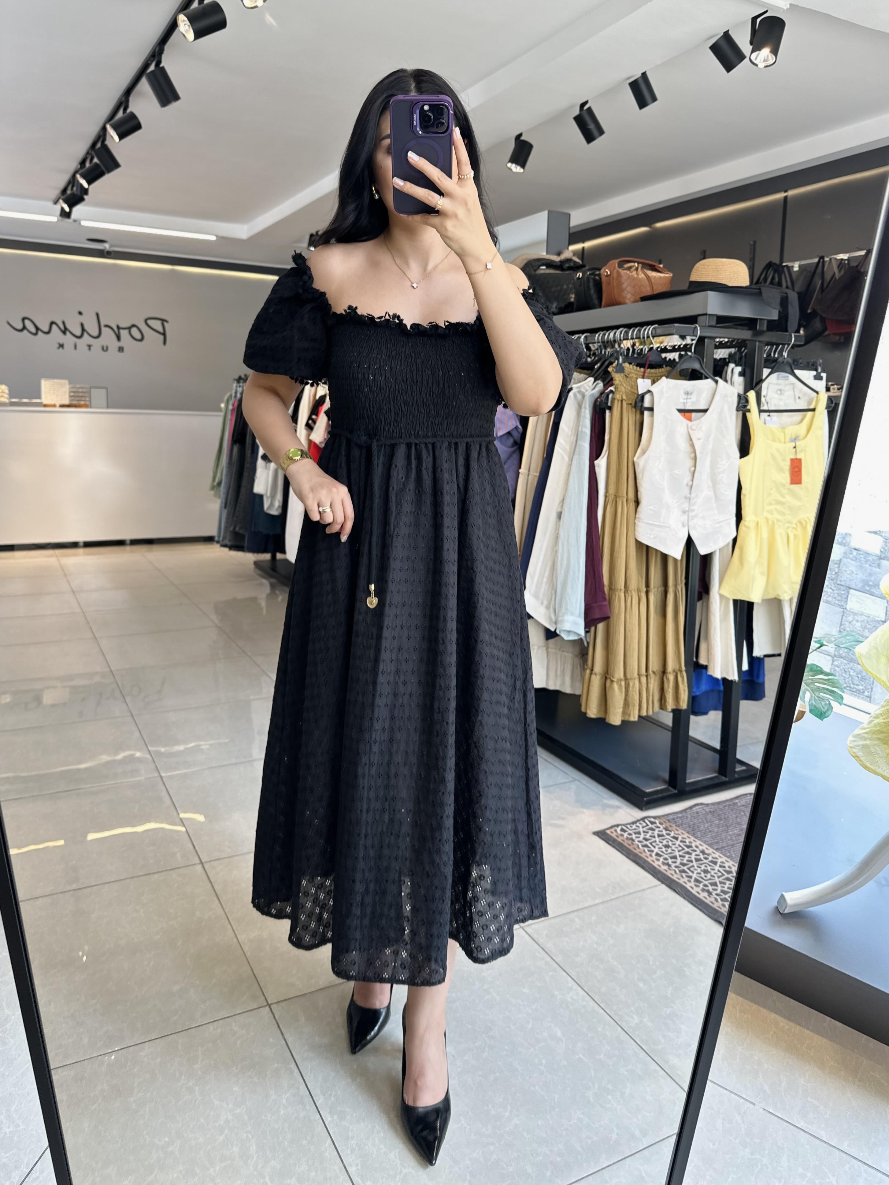 Siyah Gipeli Brode Elbise