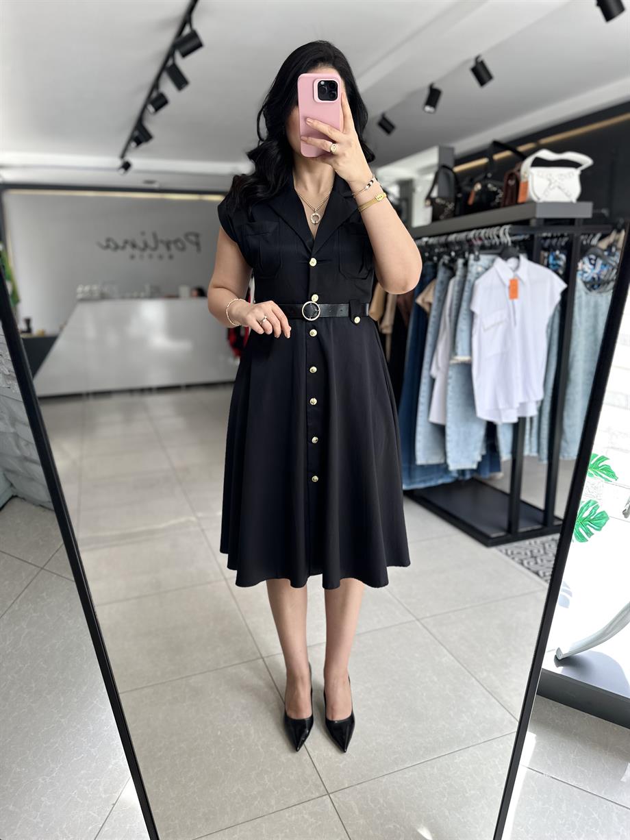 Siyah Gold Düğme Detaylı Gömlek Yaka Elbise