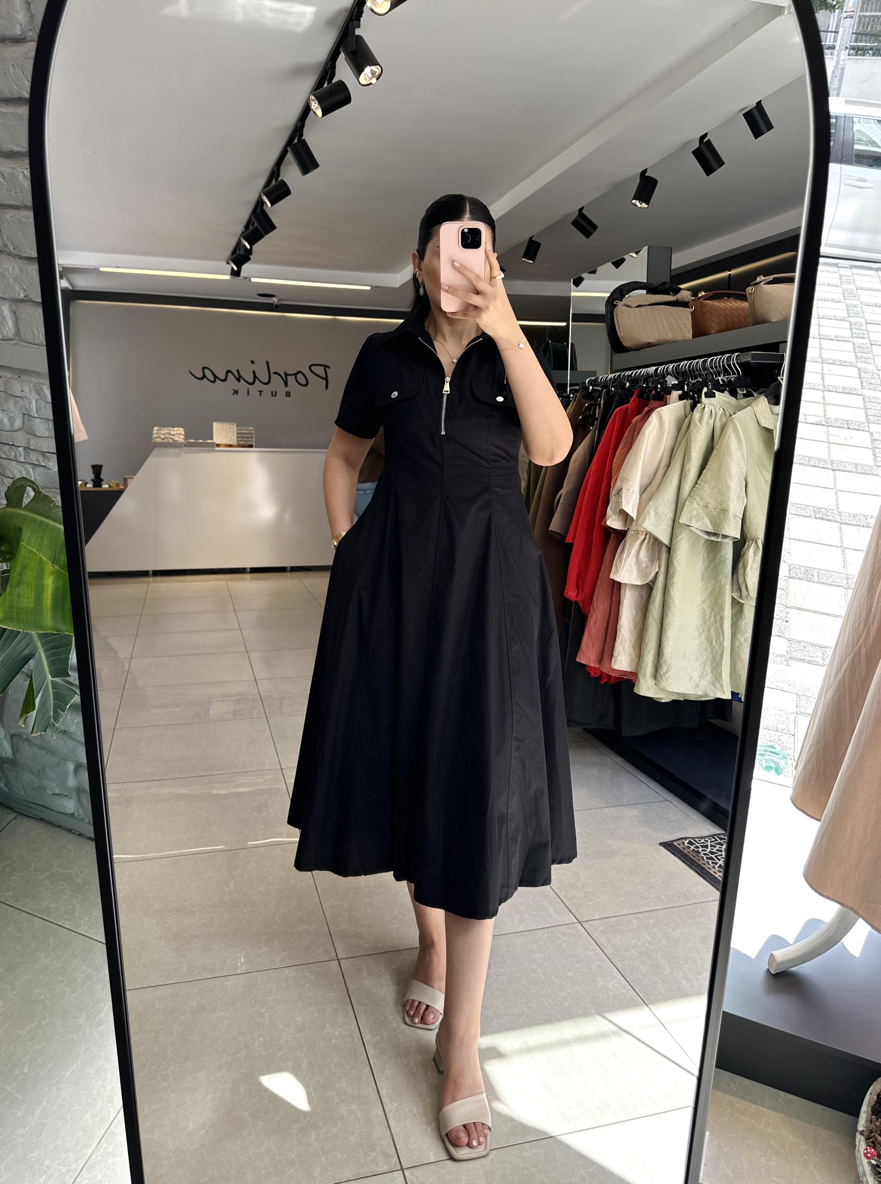 Siyah Gömlek Yaka Fermuar Detaylı Midi Boy Elbise