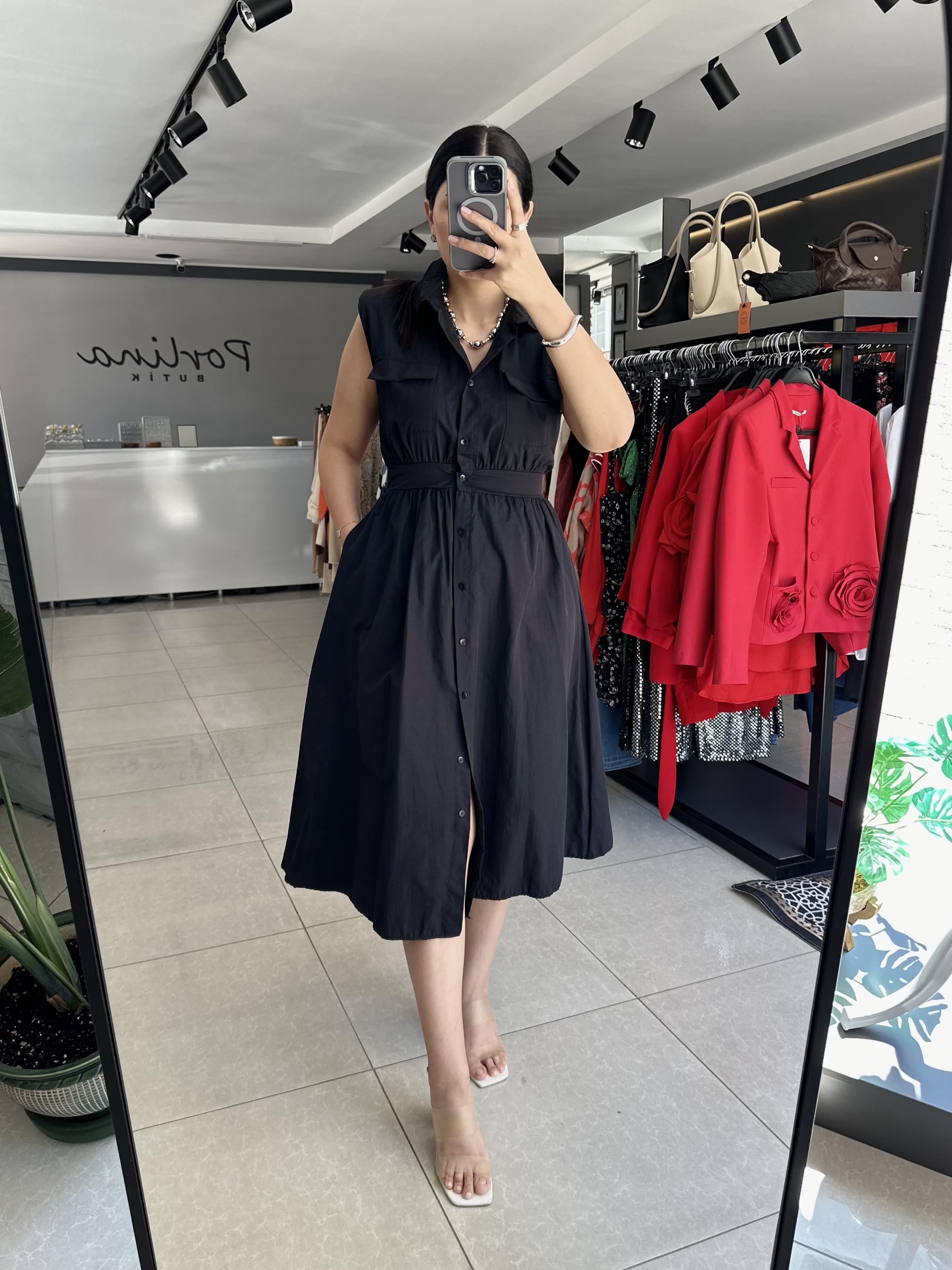 Siyah Gömlek Yaka Poplin Kumaş Elbise