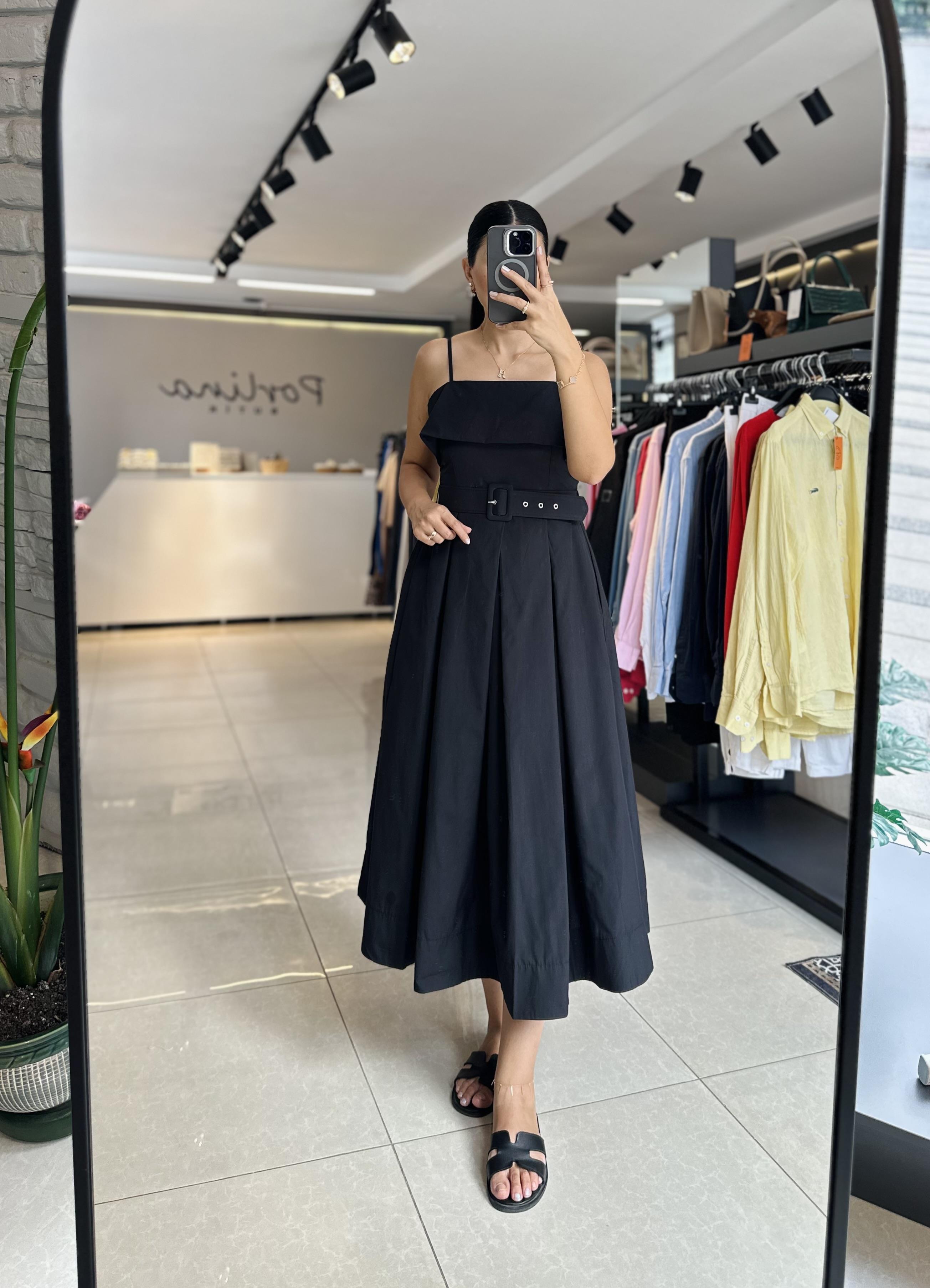 Siyah İp Askılı Poplin Elbise