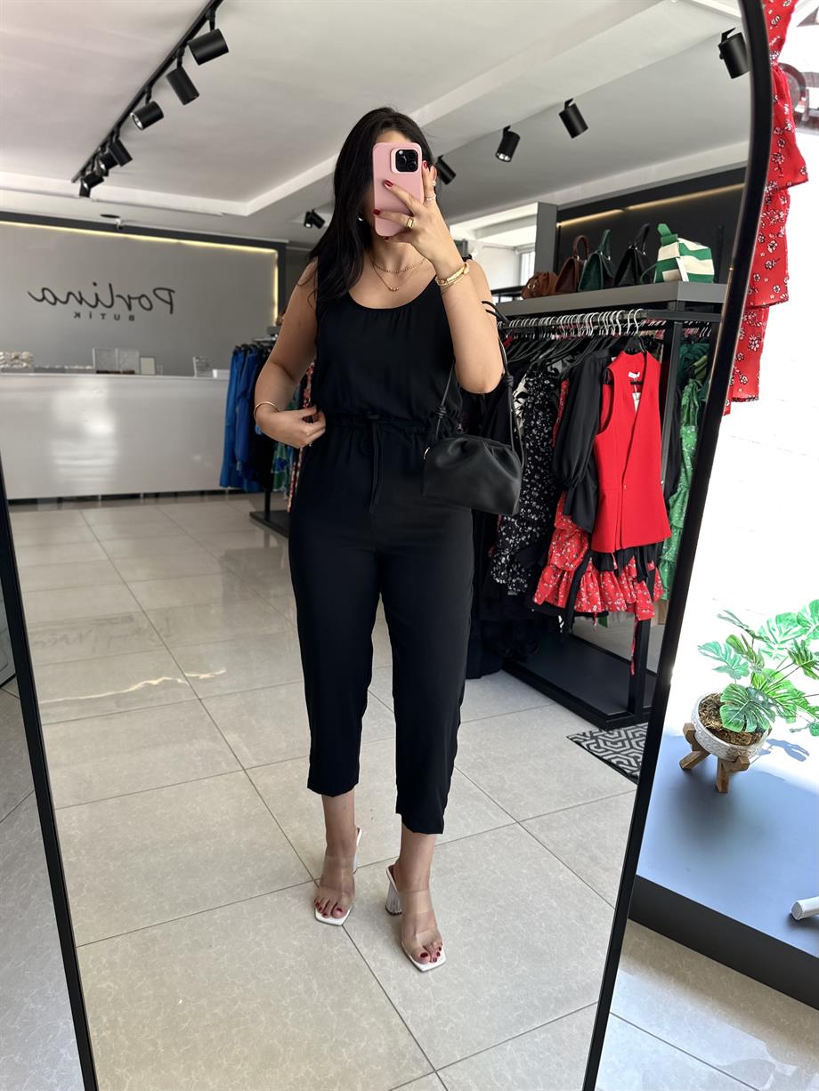 Siyah İp Sıkmalı Tulum