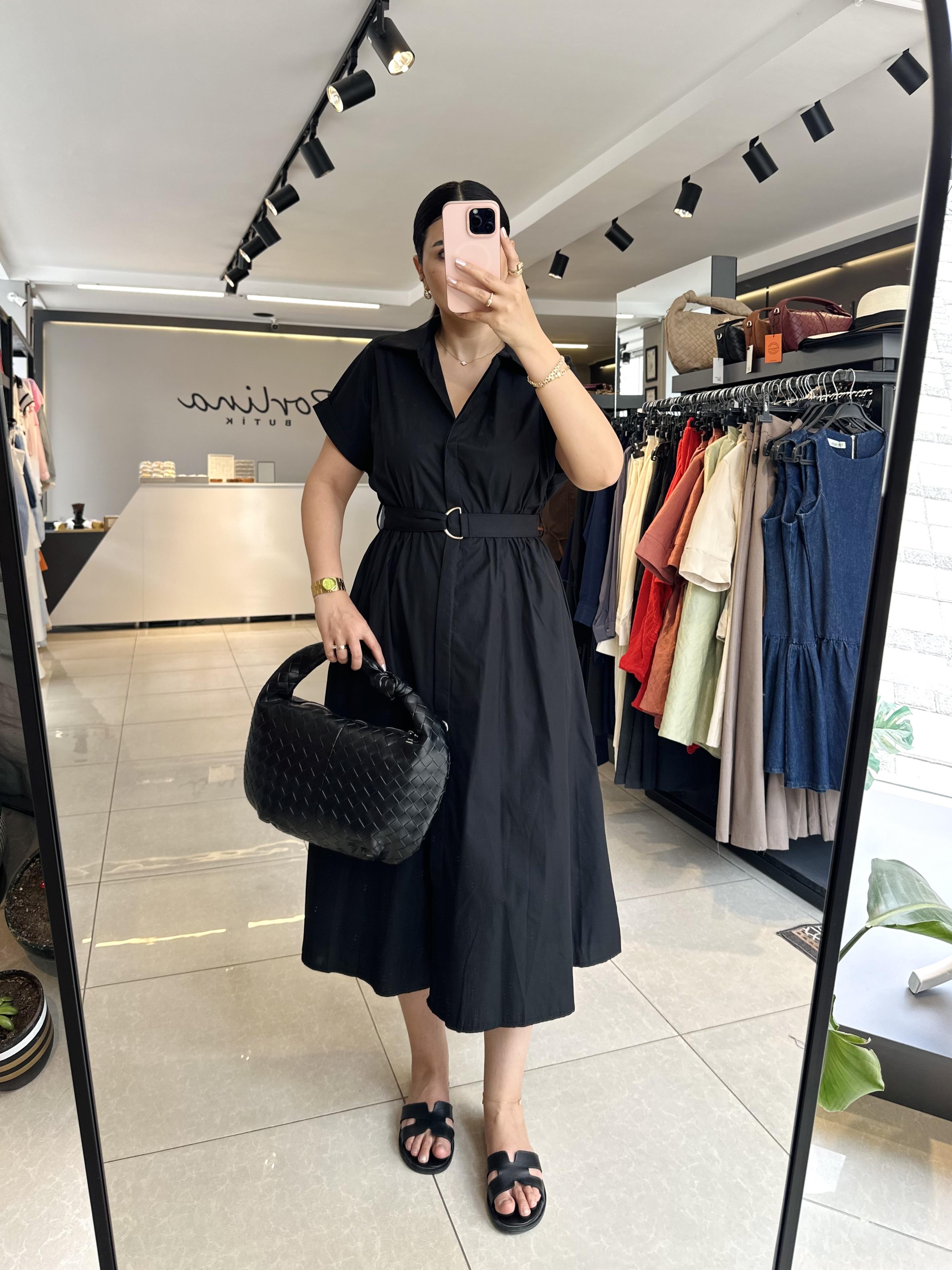 Siyah Kemerli Midi Elbise