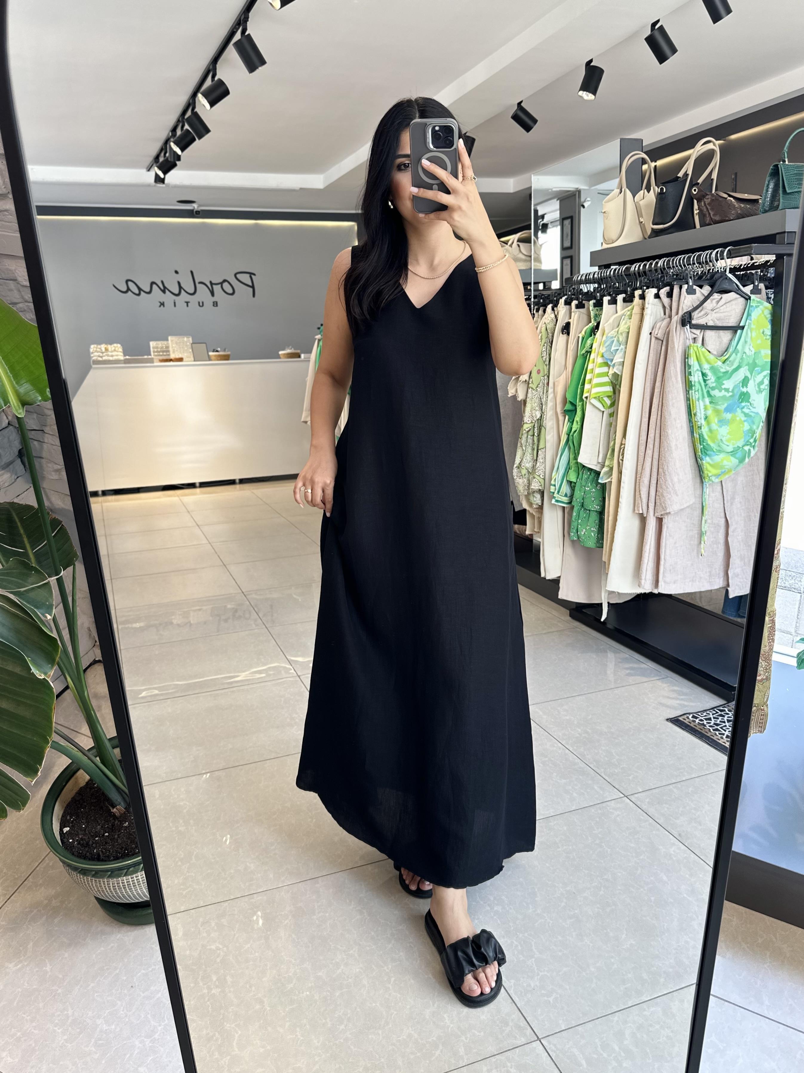 Siyah Maxi Keten Elbise