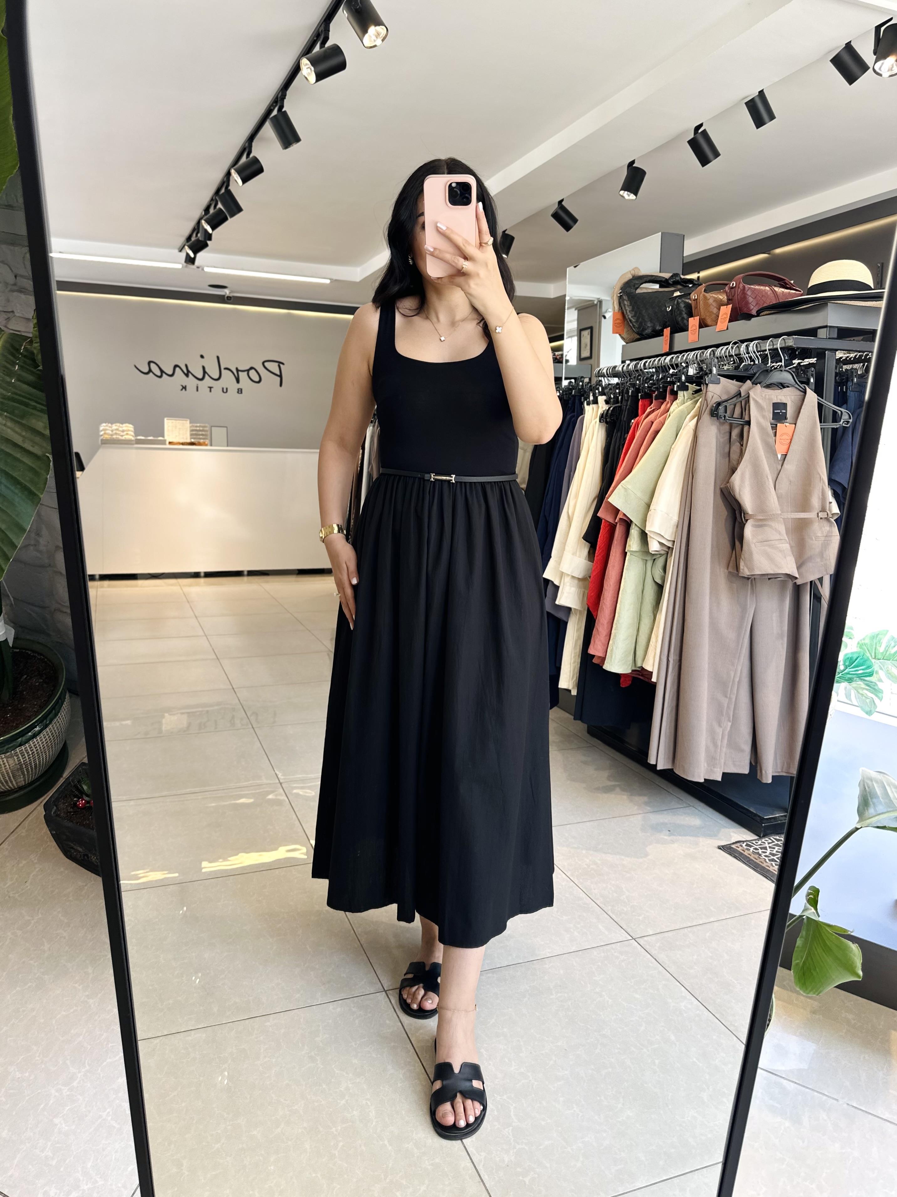 Siyah Midi Boy Kalın Askılı Elbise