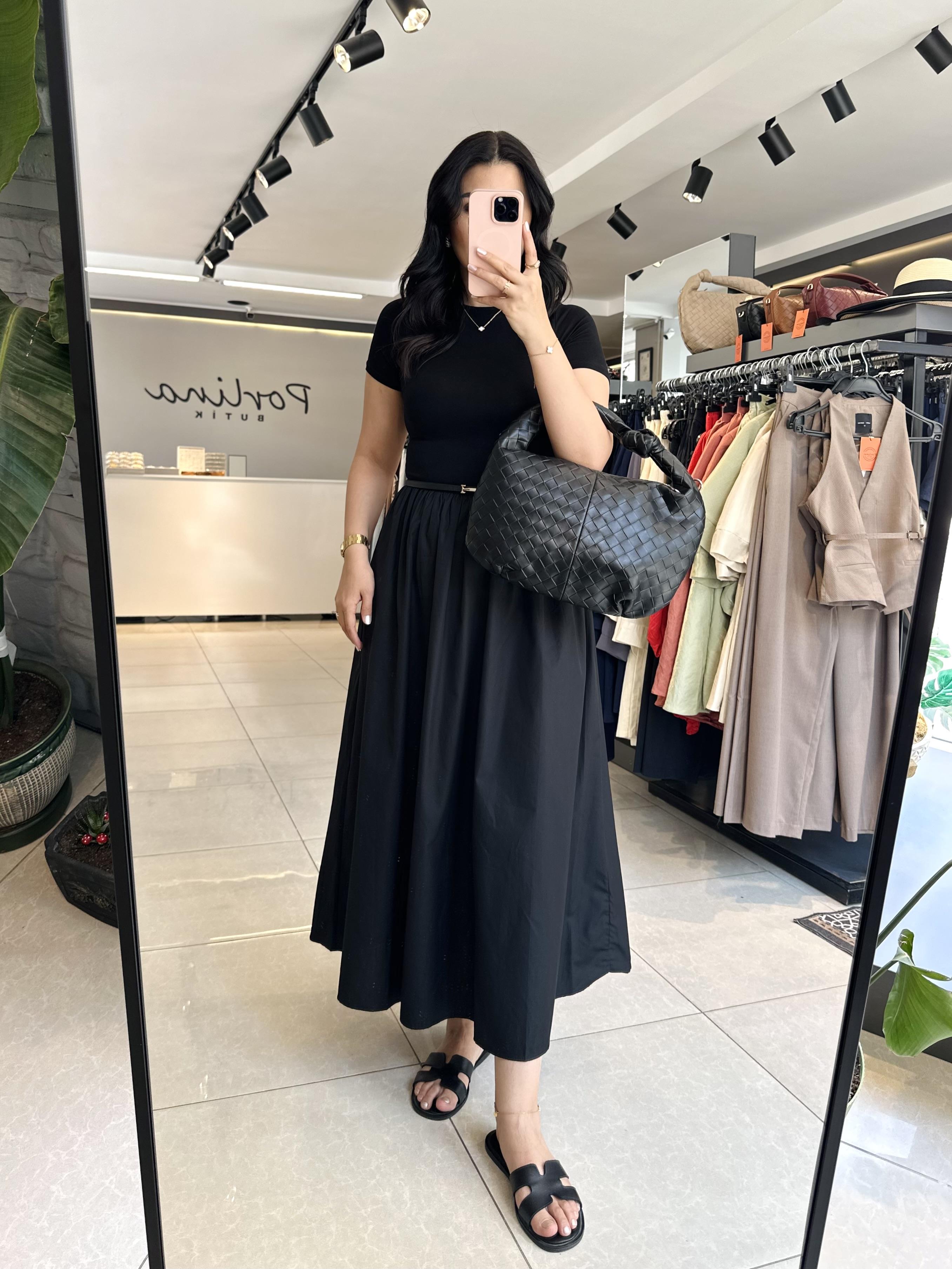 Siyah Midi Boy Kısa Kollu Elbise