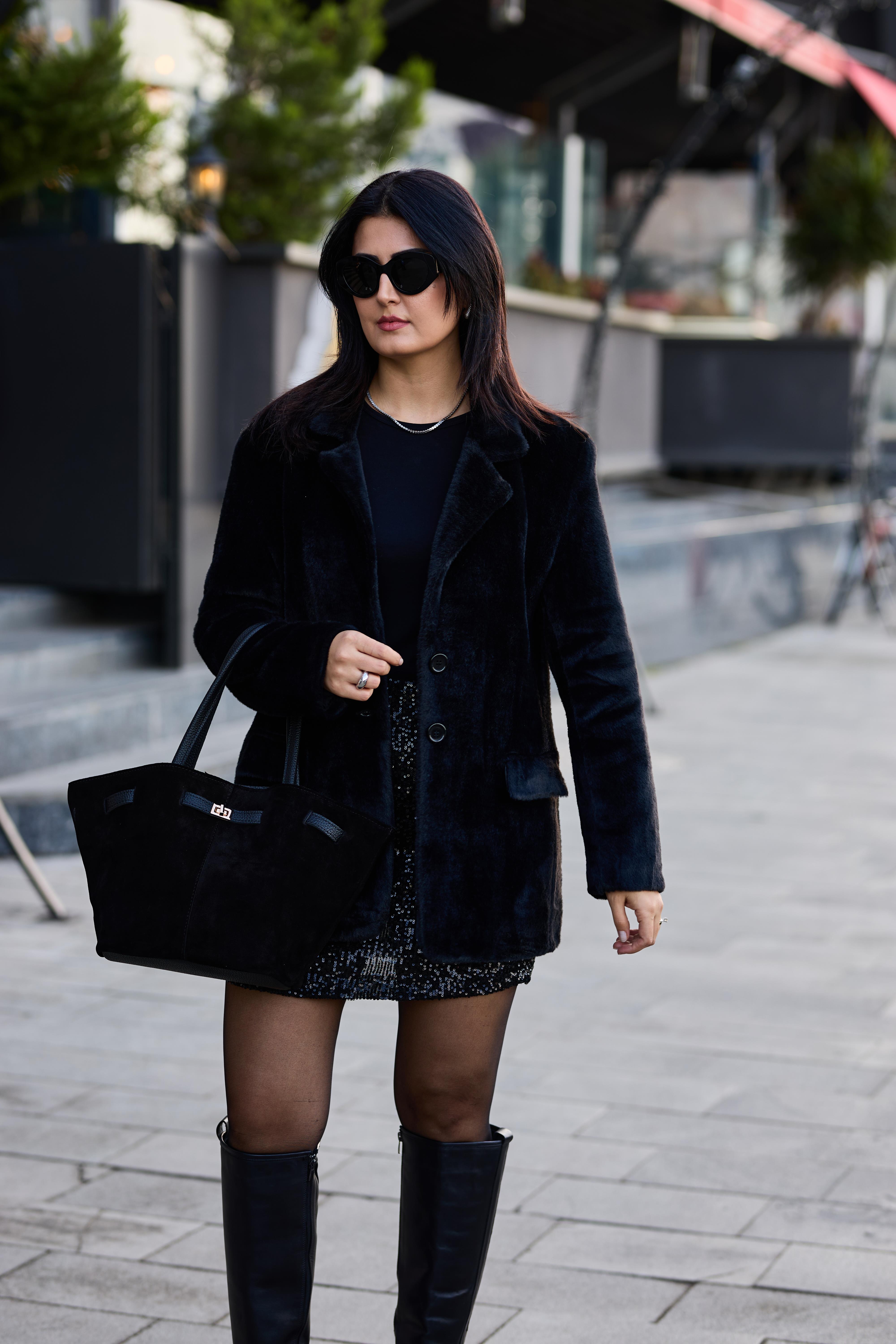 Siyah Premium Peluş Kürk Blazer Ceket