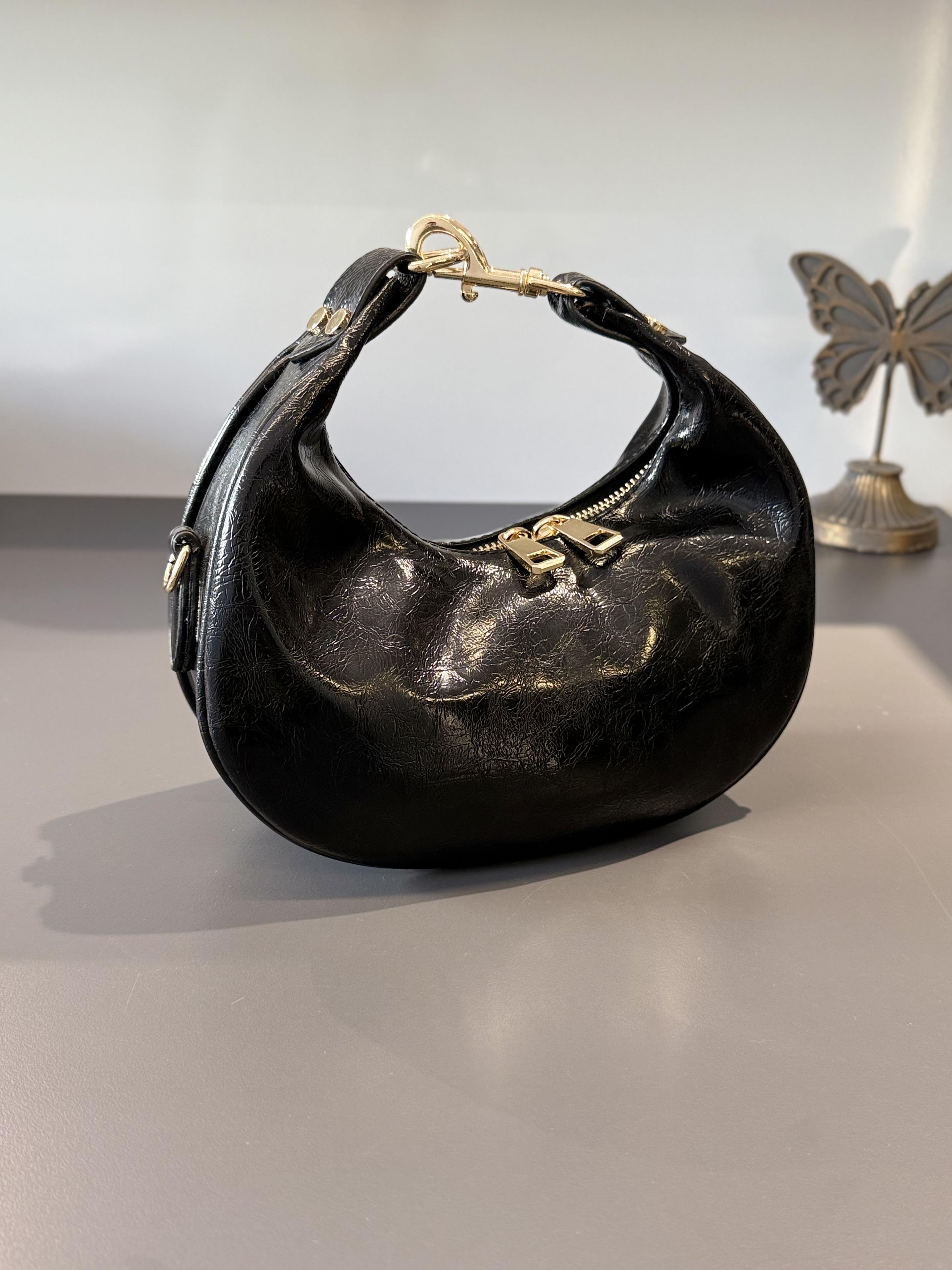 Siyah Rugan Mini Oval Çanta