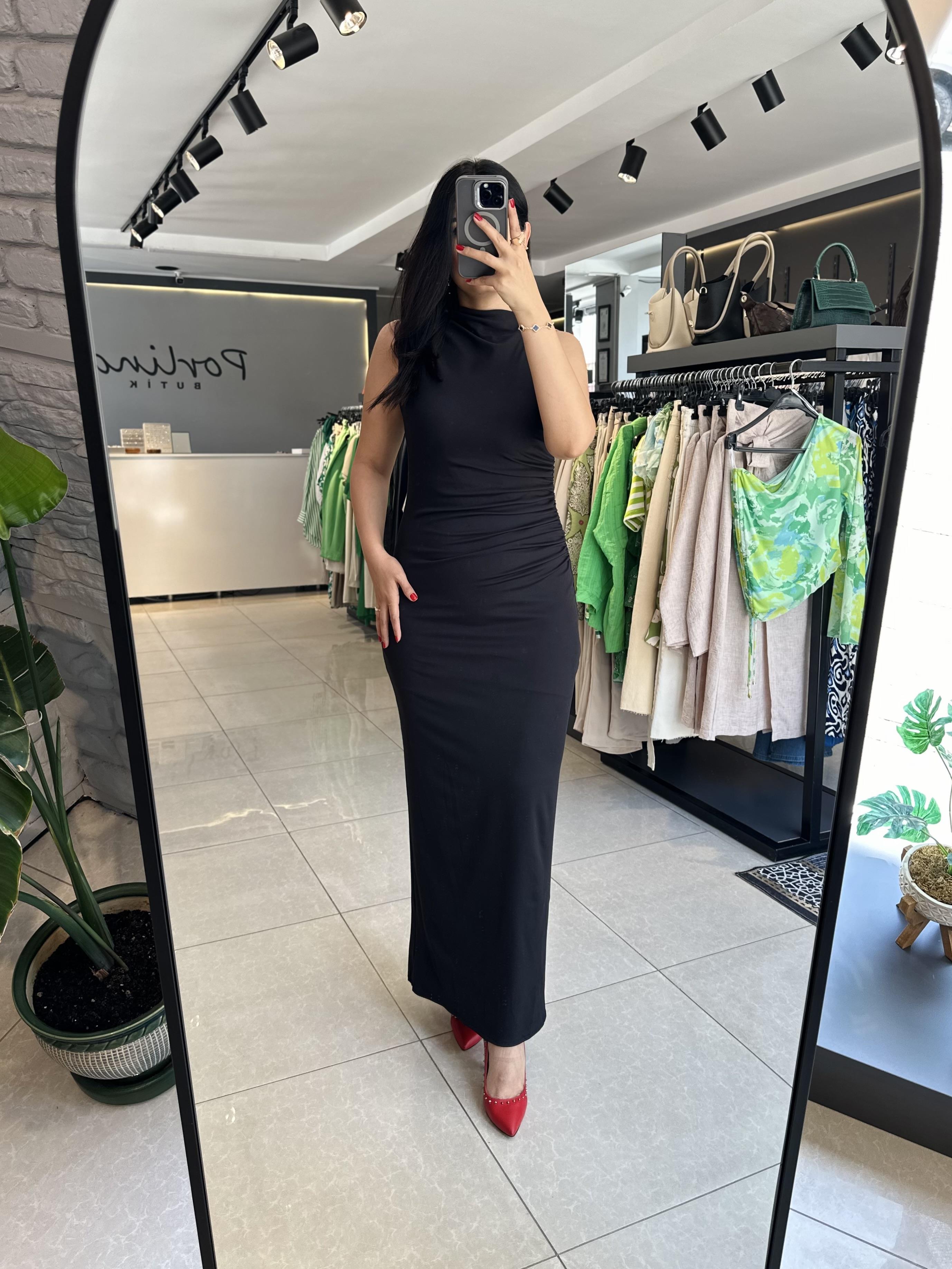 Siyah Sıfır Kol Maxi Elbise 