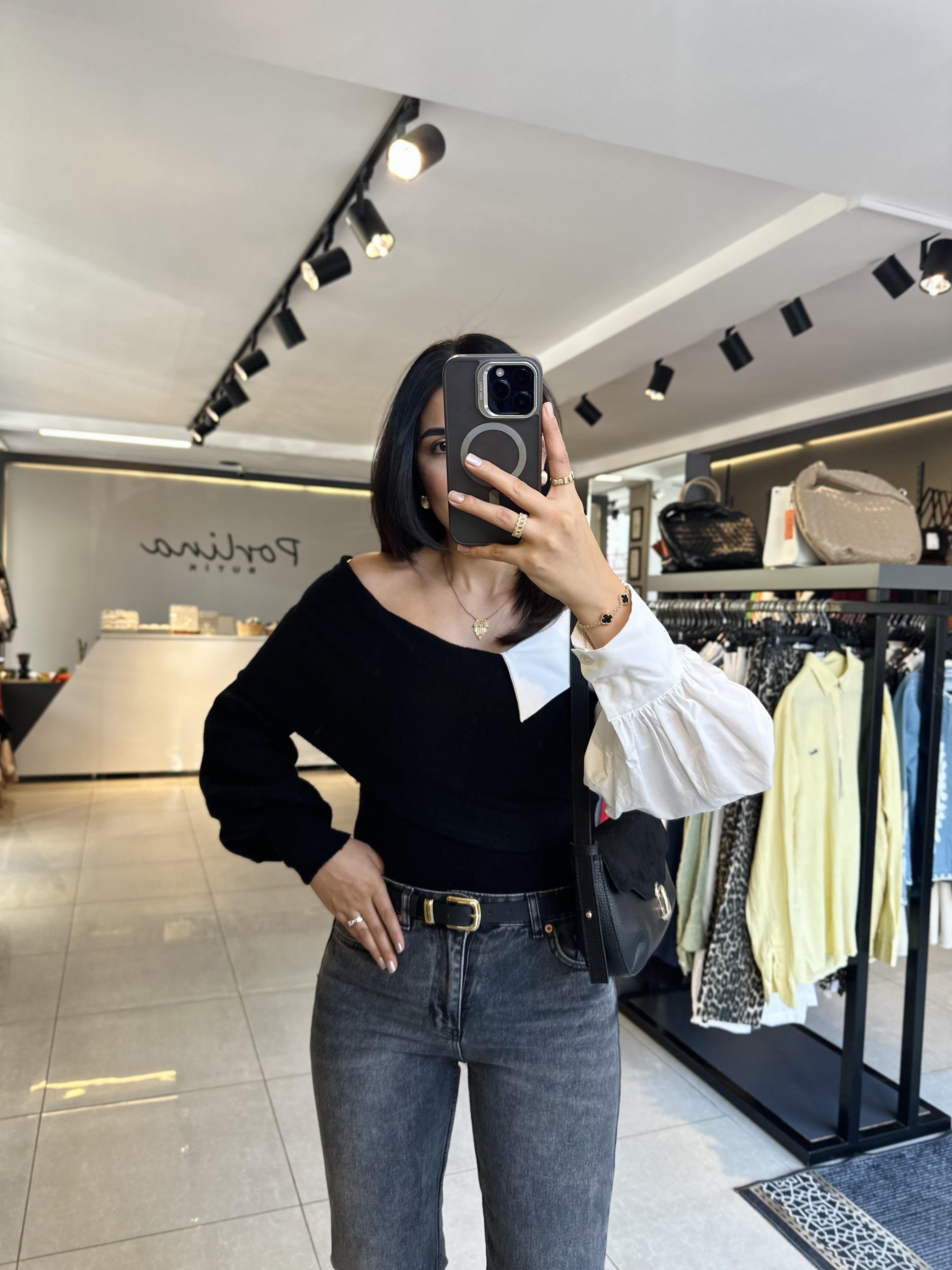 Siyah Yaka Gömlek Detaylı Triko Kazak