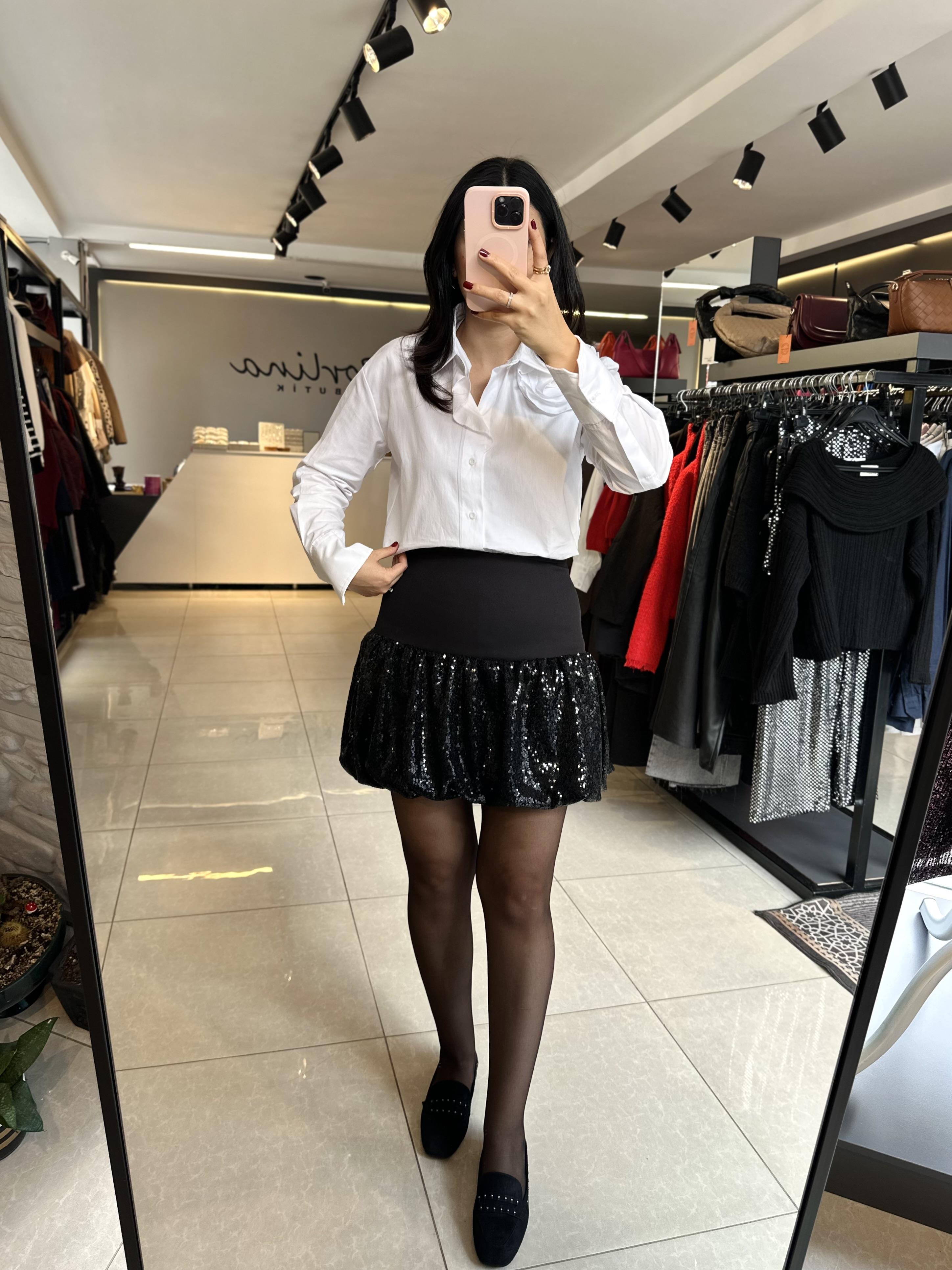 Siyah Yandan Fermuarlı Payetli Balon Etek