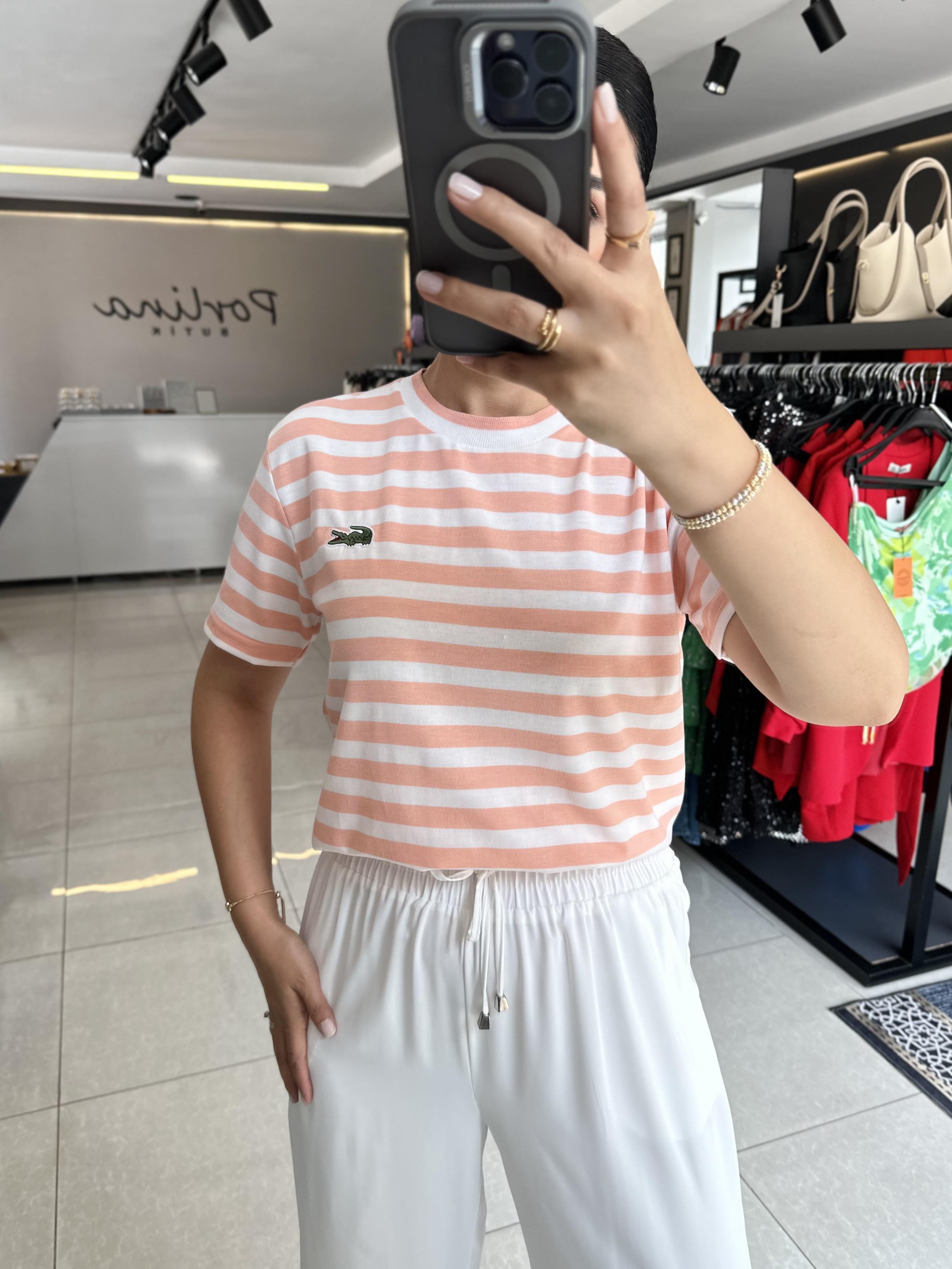 Somon Renk Çizgili Marka Tshirt