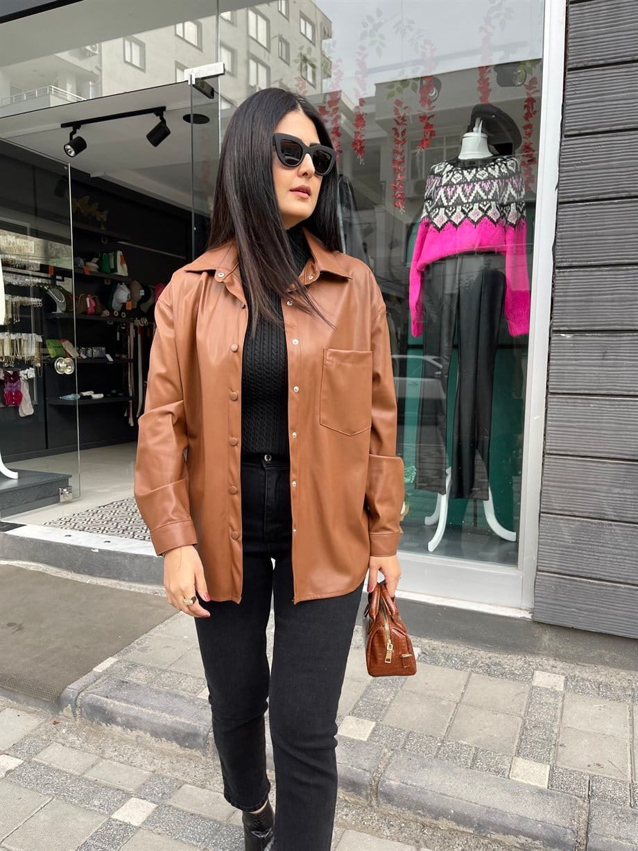 Taba Ön Cep Detaylı Deri Gömlek