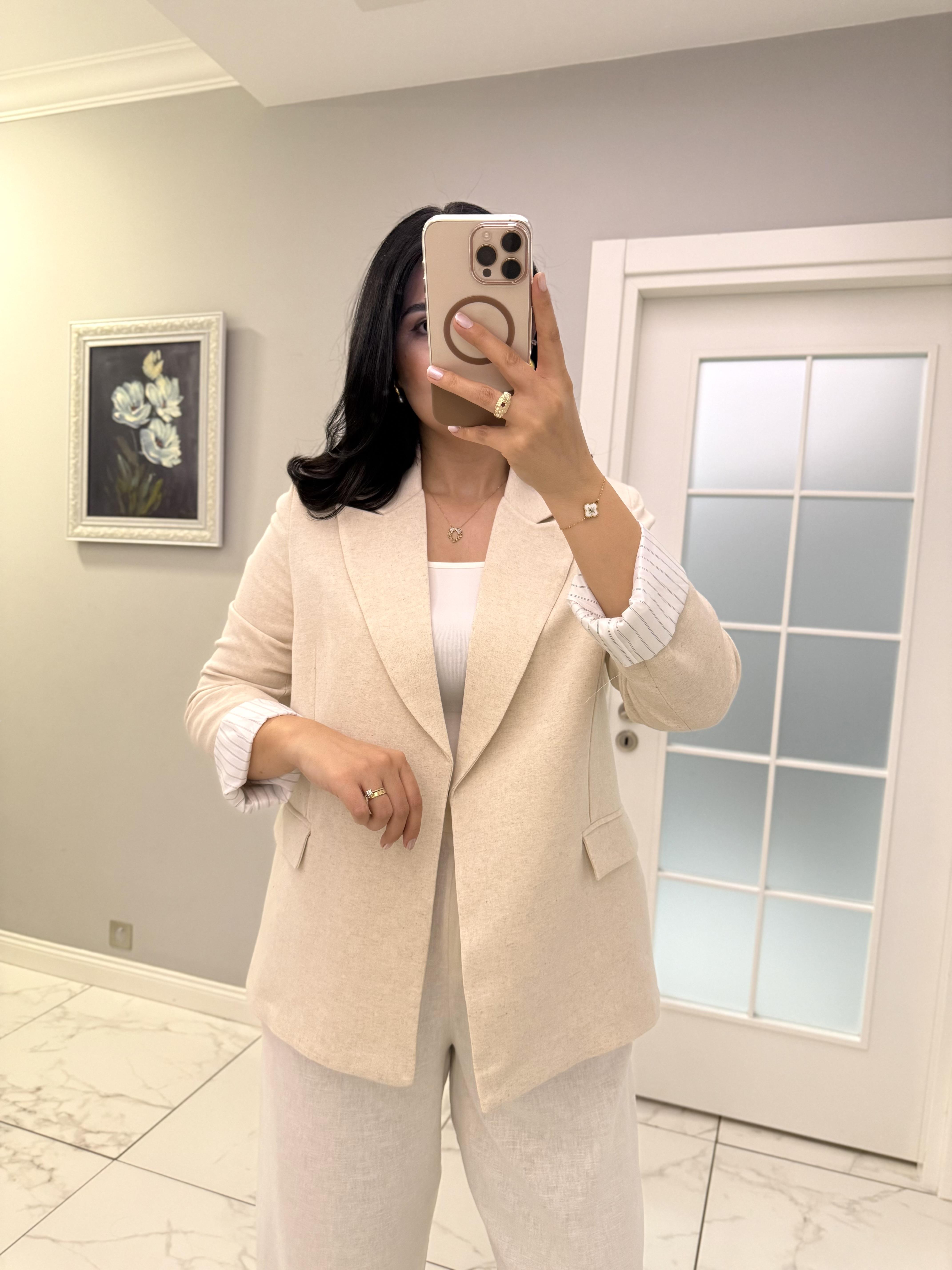 Taş Rengi Çizgi Astarlı Keten Blazer Ceket