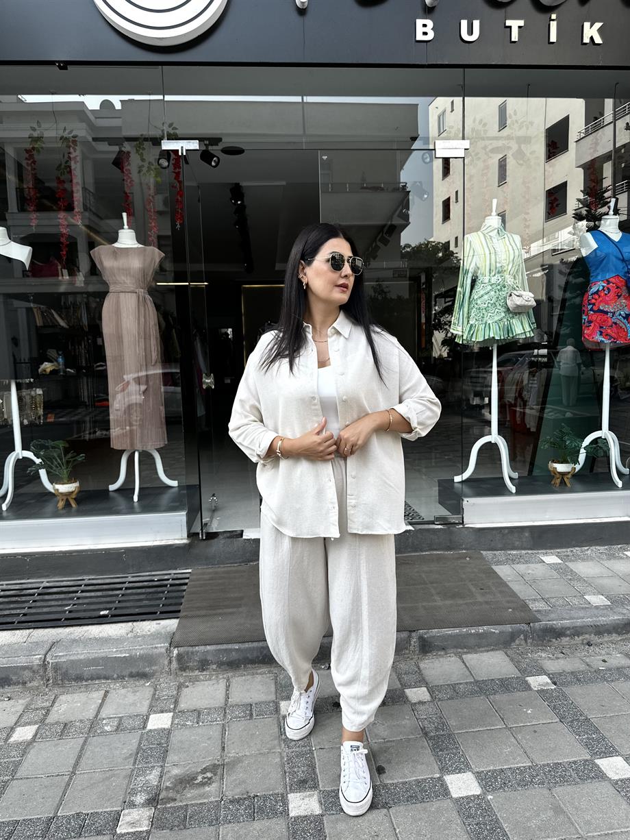 Taş Rengi Keten Oversize Gömlek