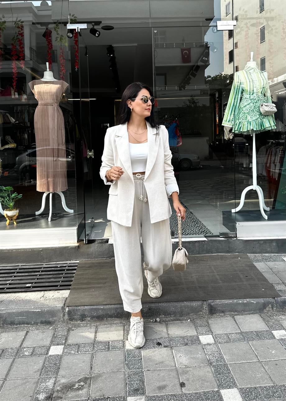 Taş Renk Beli Lastikli Keten Pantolon