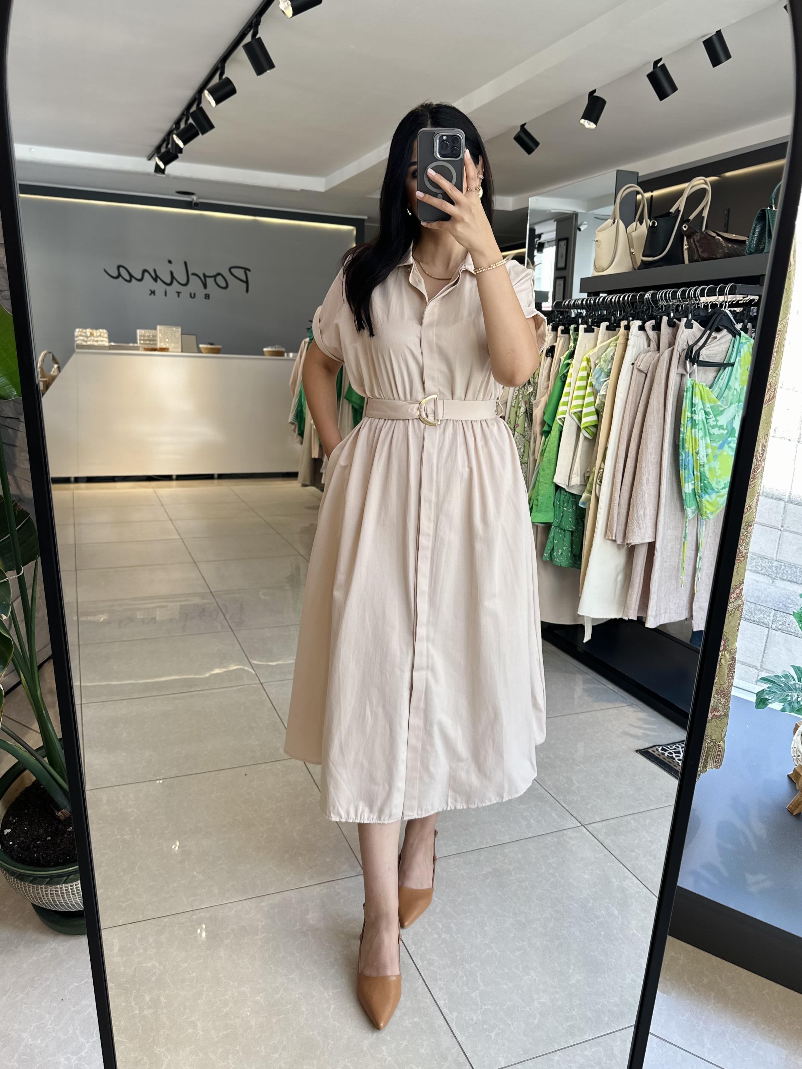 Taş Renk Kemerli Midi Elbise