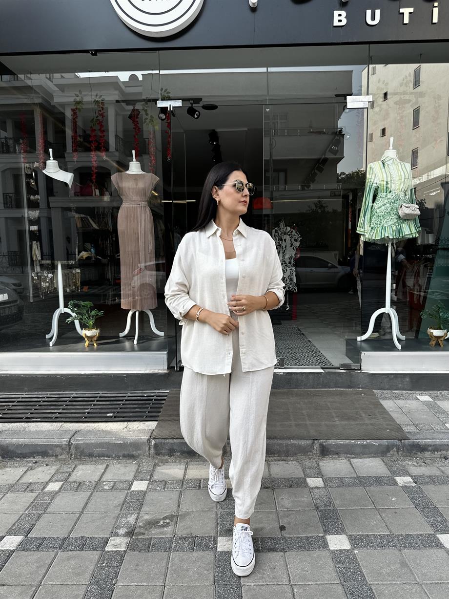 Taş Renk Keten Şalvar Pantolon