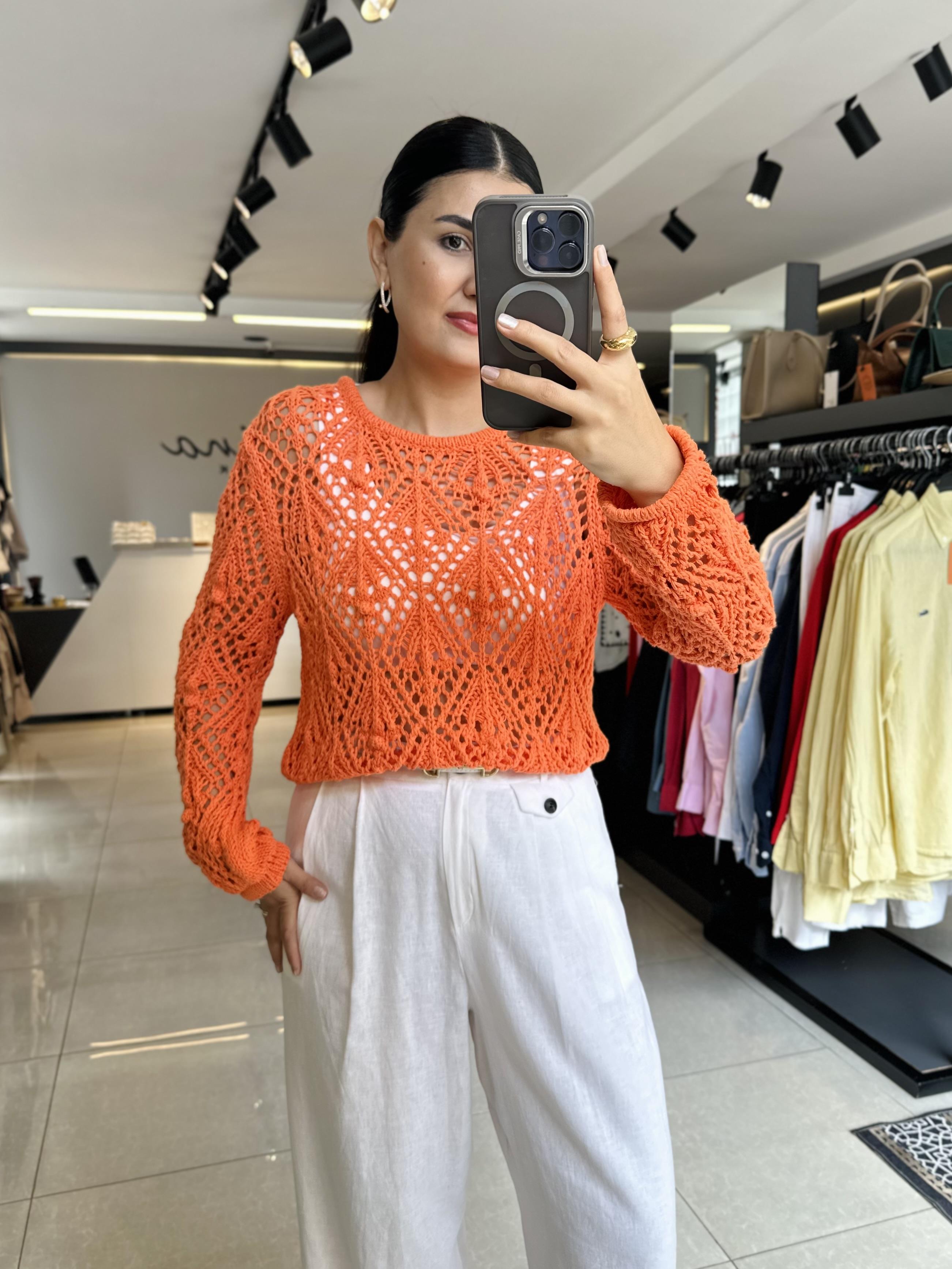 Turuncu Ajurlu Triko Kazak