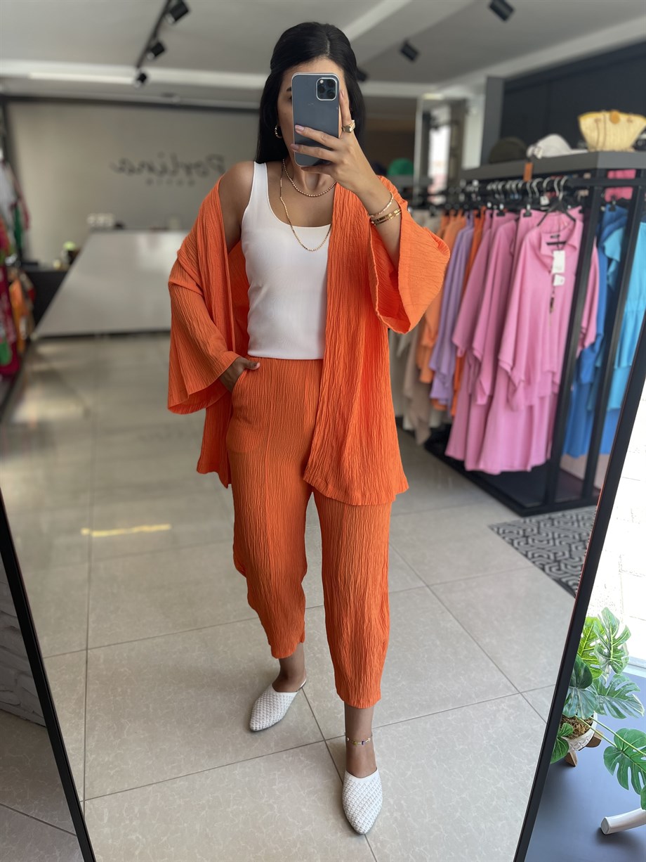 Turuncu Gofreli Kimono Takım