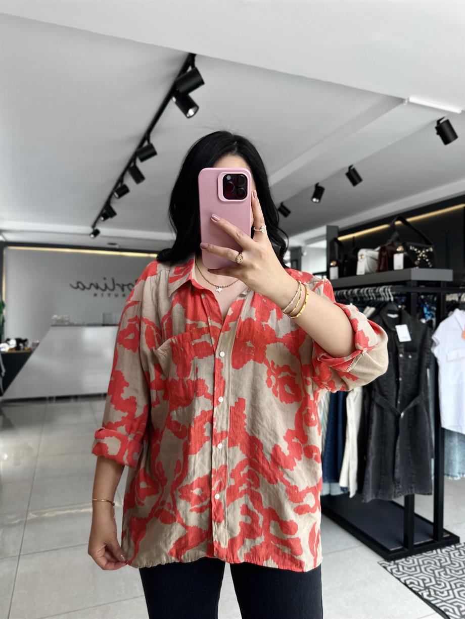Turuncu Krem Omzu Düşük Oversize Gömlek