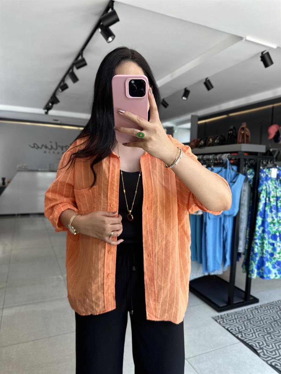 Turuncu Tensel Kumaş Çizgili Oversize Gömlek 