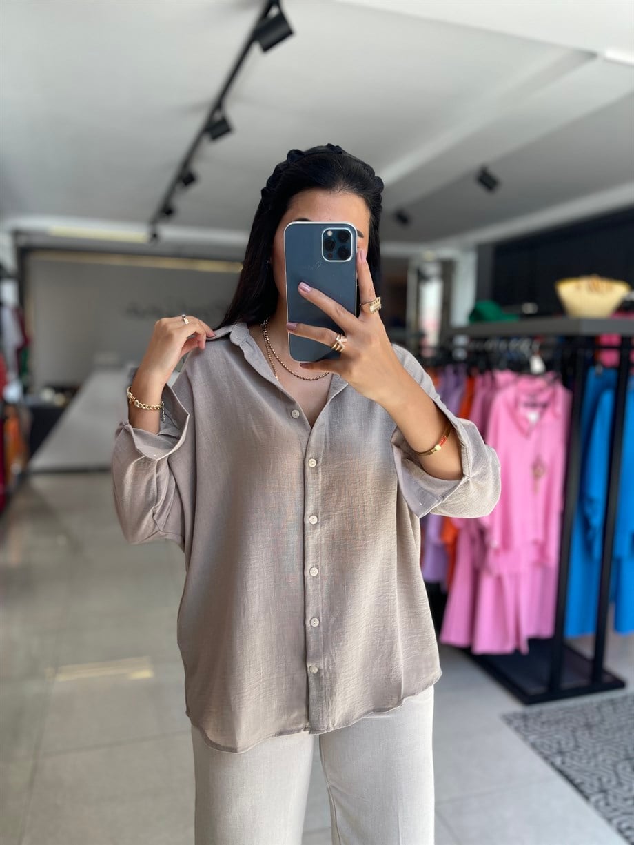 Vizon Rengi Keten Oversize Gömlek