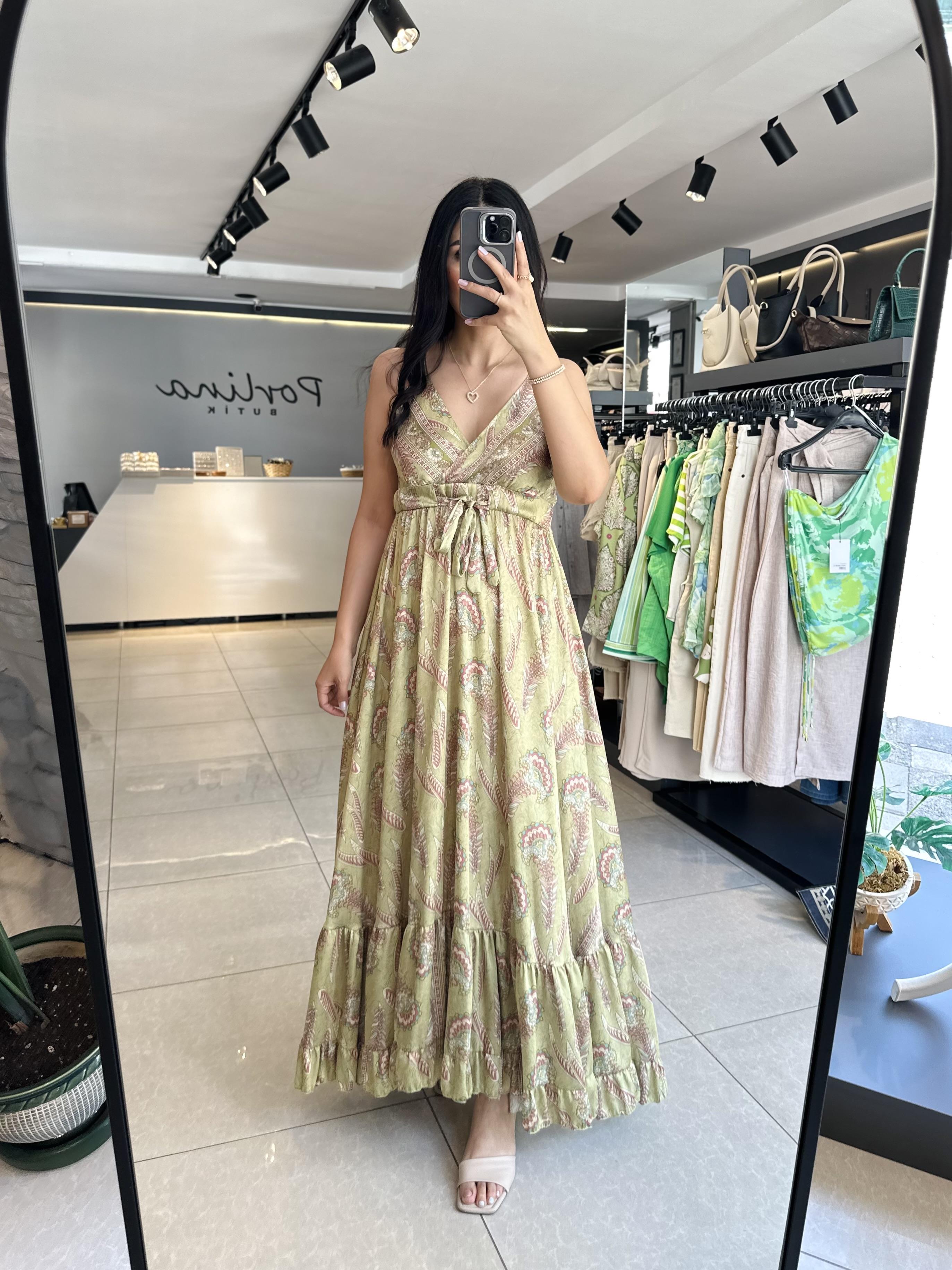 Yeşil Etnik Desen Premium Elbise