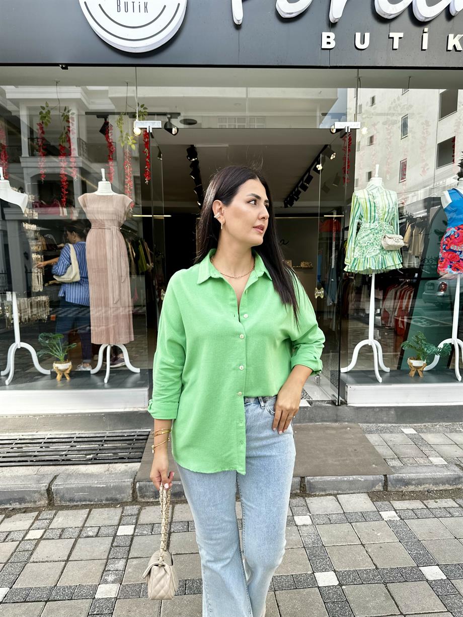 Yeşil Keten Oversize Gömlek