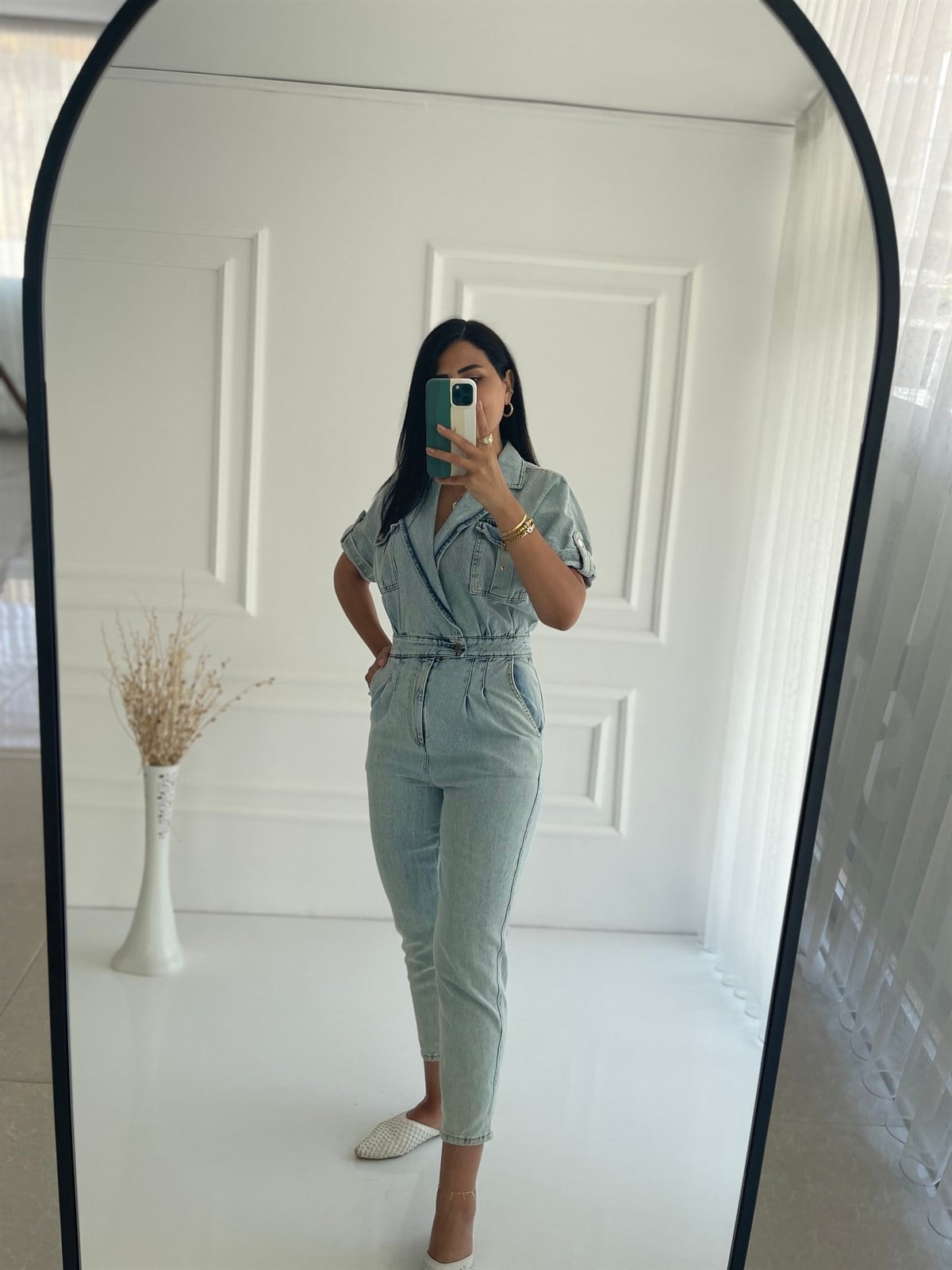 Yıkamalı Ön Cepli Denim Tulum